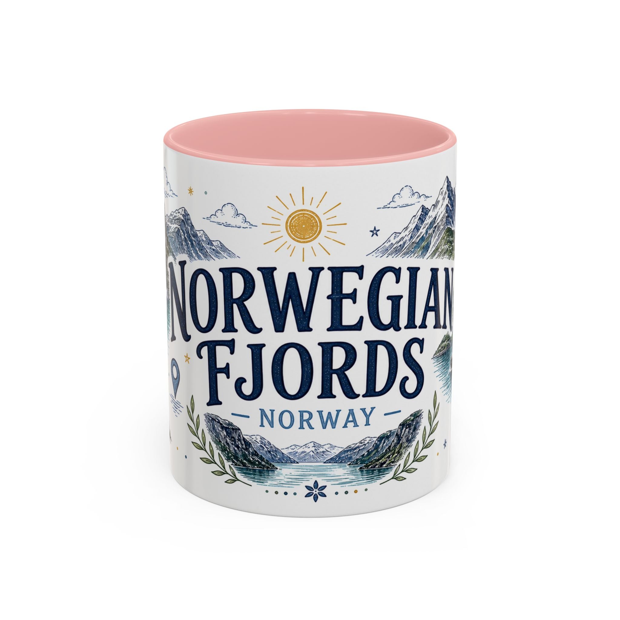 Norwegian Fjords Coffee Mug | Travel Destination Souvenir Gift | Accent Color Ceramic 11oz 15oz