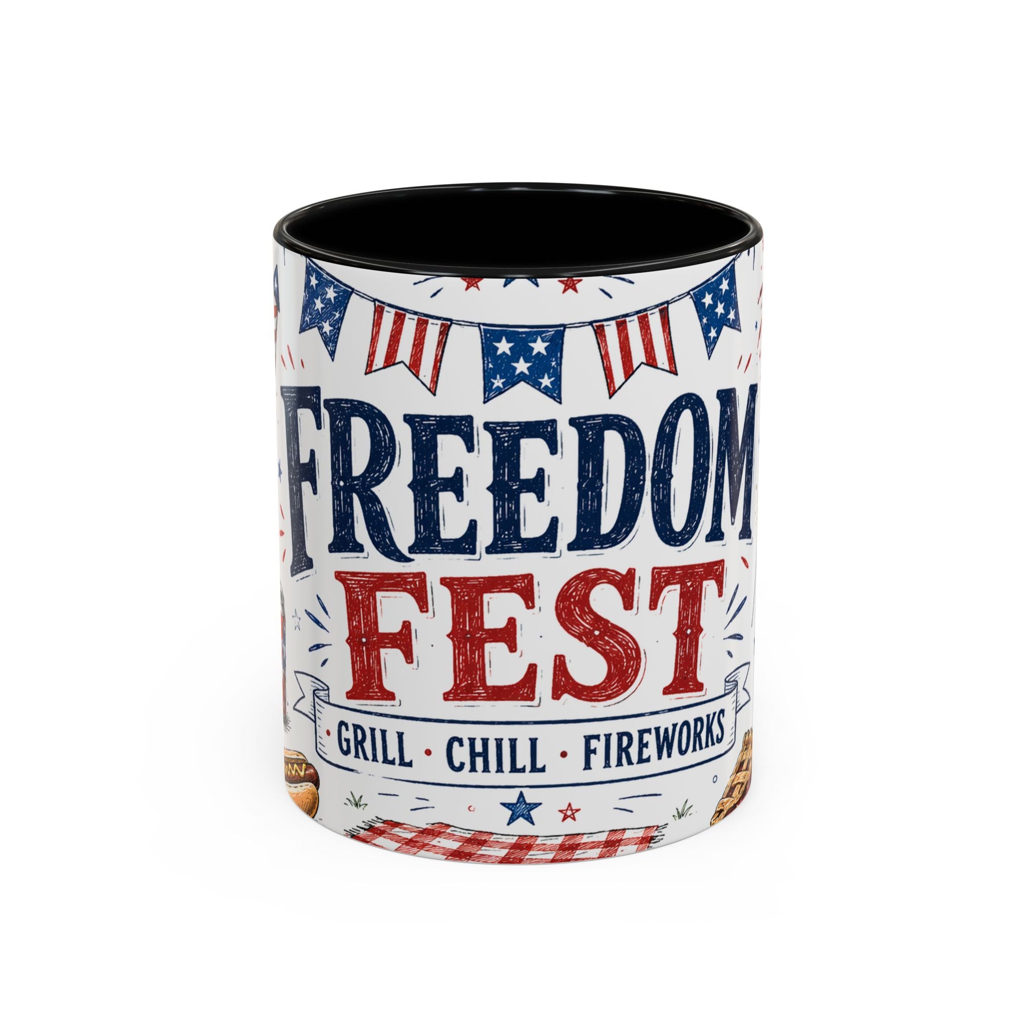 Freedom Fest Coffee Mug | Grill Chill Fireworks 4th of July | Accent Color Ceramic 11oz 15oz