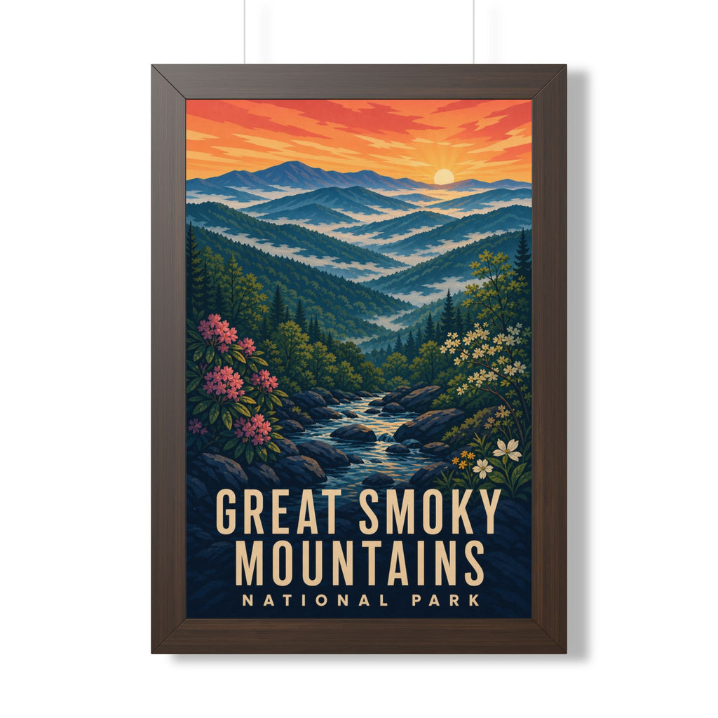 Great Smoky Mountains National Park Framed Poster | Vintage Travel Wall Art | Black Walnut White Frame | 16x24 20x30
