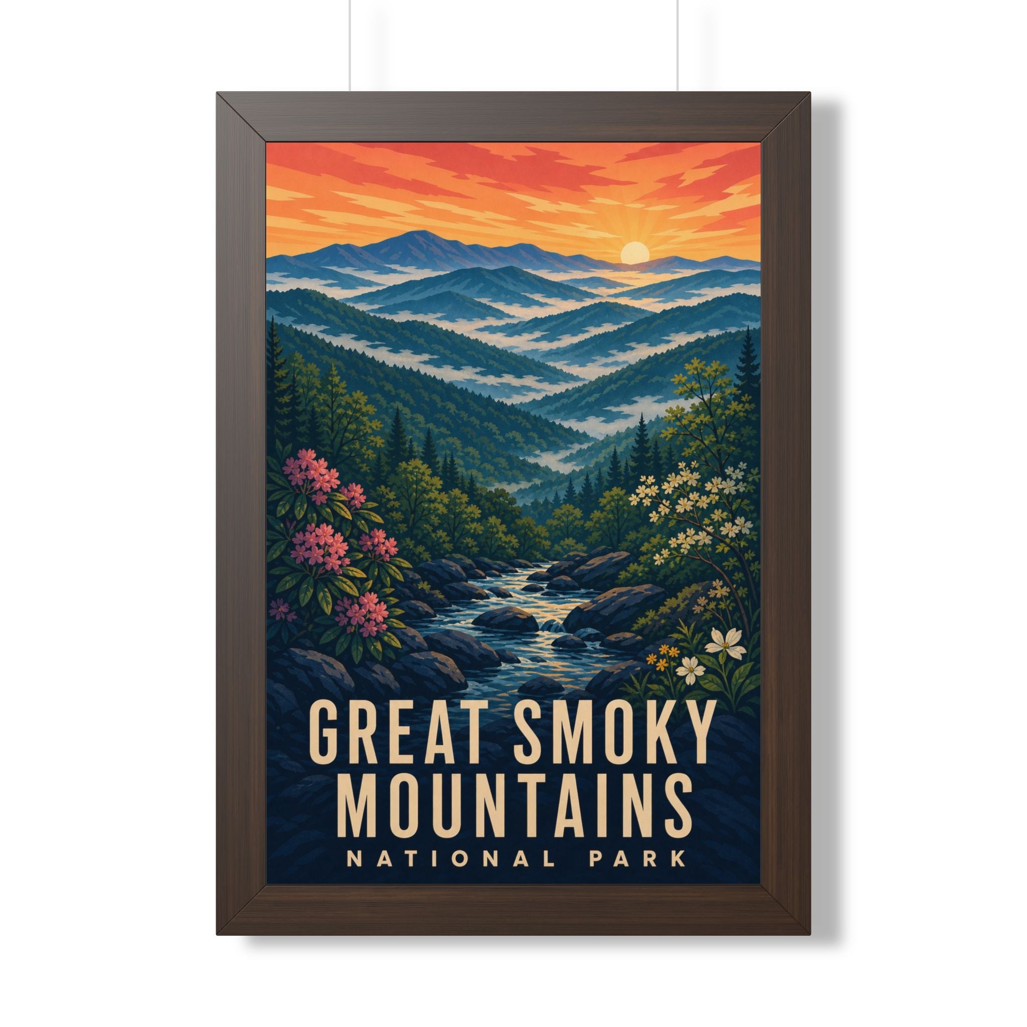 Great Smoky Mountains National Park Framed Poster | Vintage Travel Wall Art | Black Walnut White Frame | 16x24 20x30