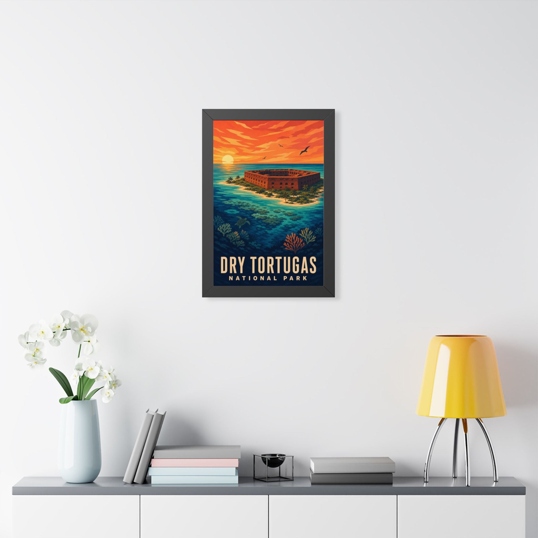 Dry Tortugas National Park Framed Poster | Vintage Travel Wall Art | Black Walnut White Frame | 16x24 20x30