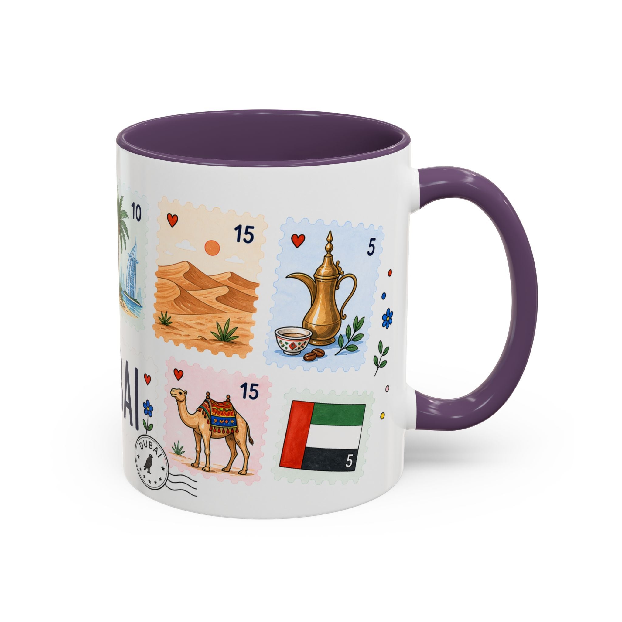 Dubai Coffee Mug | Postage Stamp Collage Mug | Travel Souvenir Accent Cup 11oz 15oz