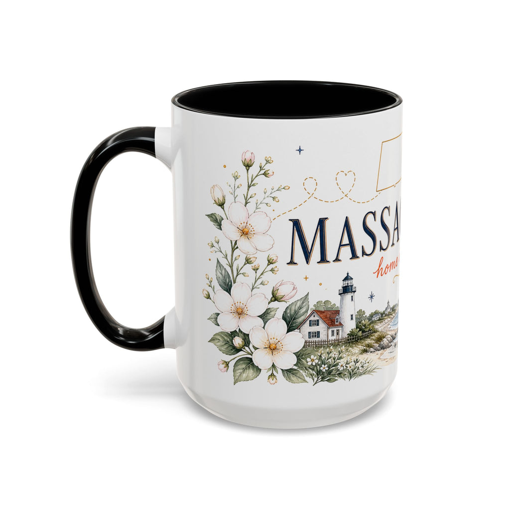 Massachusetts State Map Mug | Coastal Scene, Botanical Accents (11oz, 15oz)