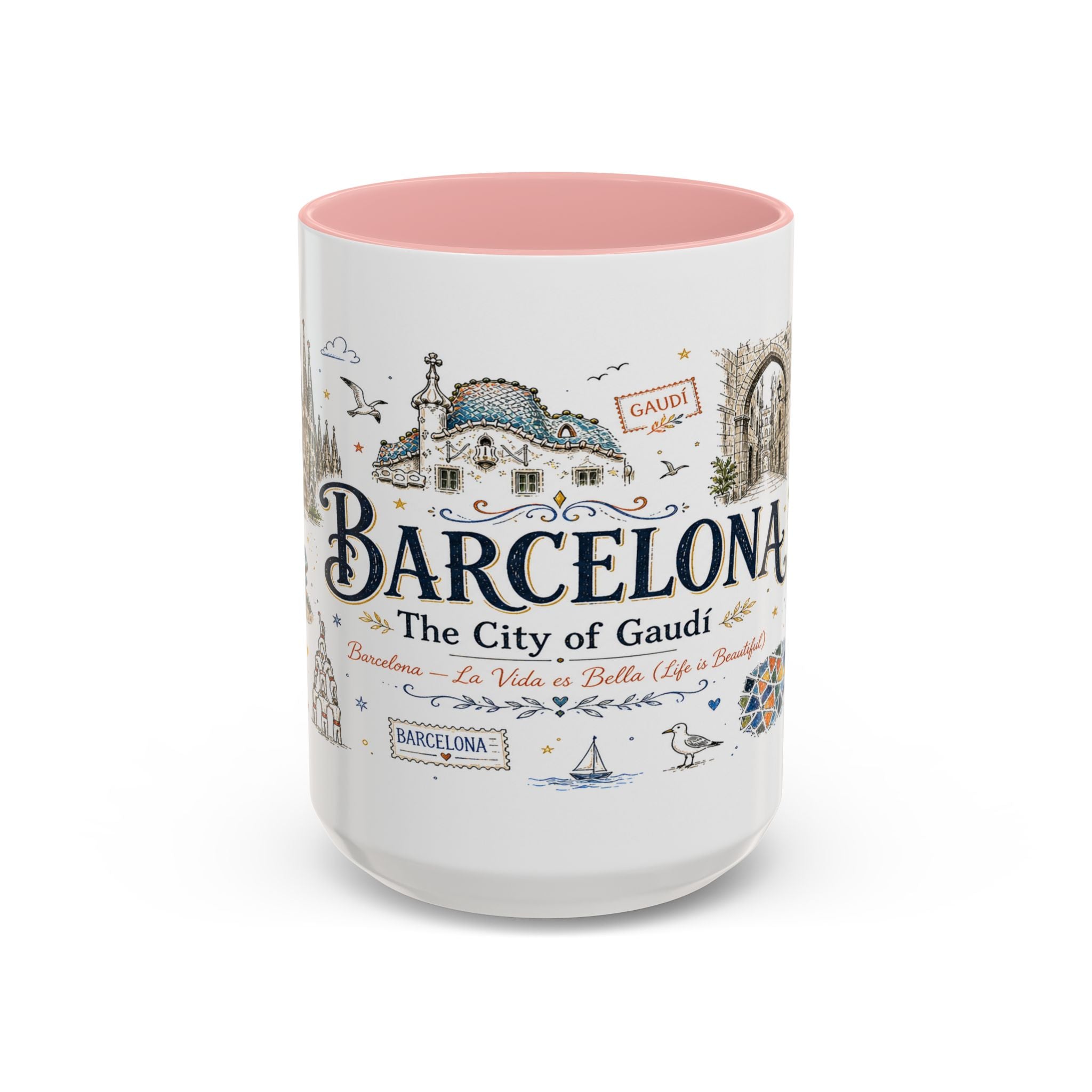 Barcelona Coffee Mug | Spain Souvenir Travel Gift | Accent Color Ceramic 11oz 15oz