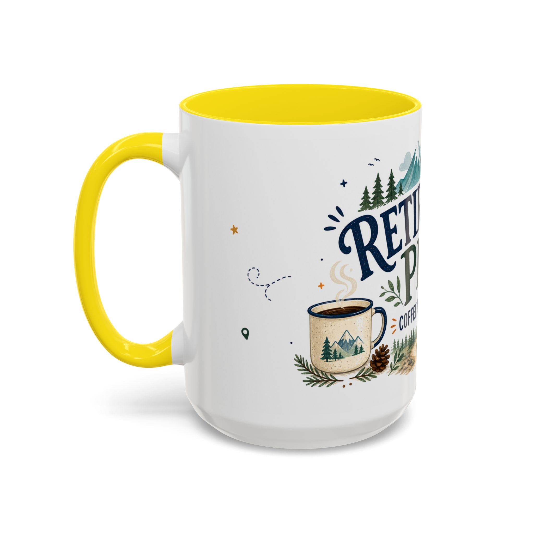 Retirement Plan Coffee And Adventures Mug | Travel Retirement Gift | Accent Color Ceramic 11oz 15oz