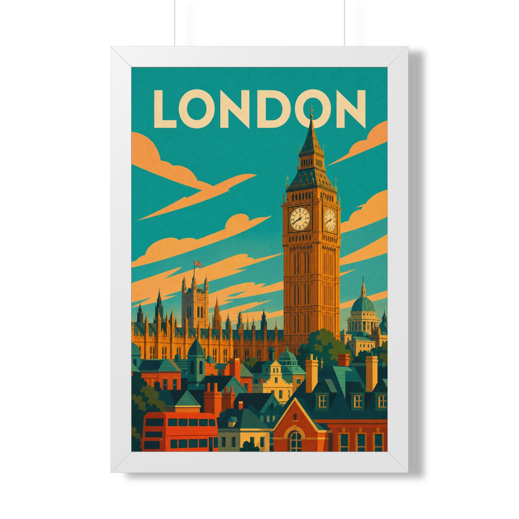 London Big Ben United Kingdom Framed Poster | Vintage Travel Wall Art | Black Walnut White Frame | 16x24 20x30