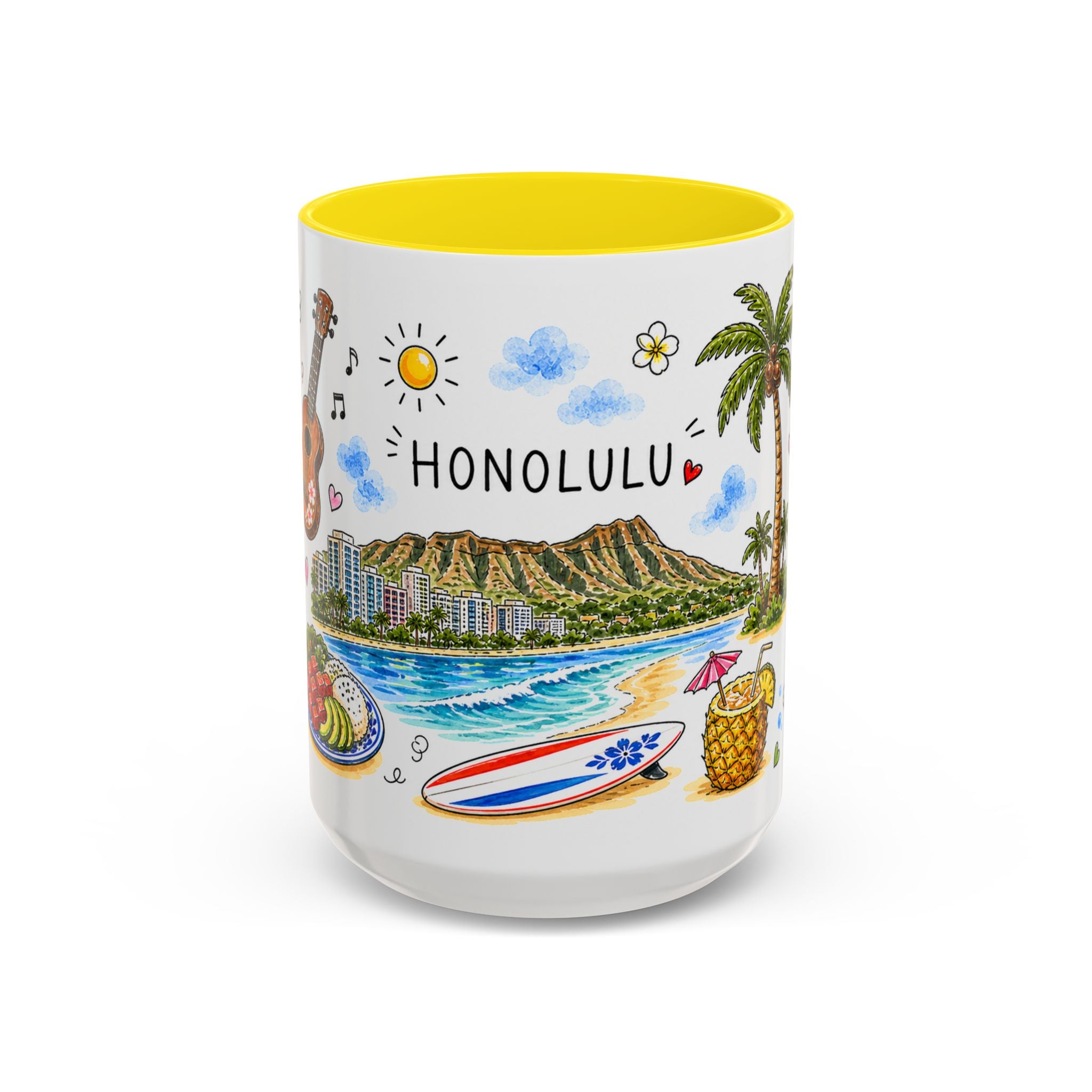 Honolulu Illustrated Travel Mug | City Souvenir Accent Coffee Mug | 11oz 15oz Ceramic Cup