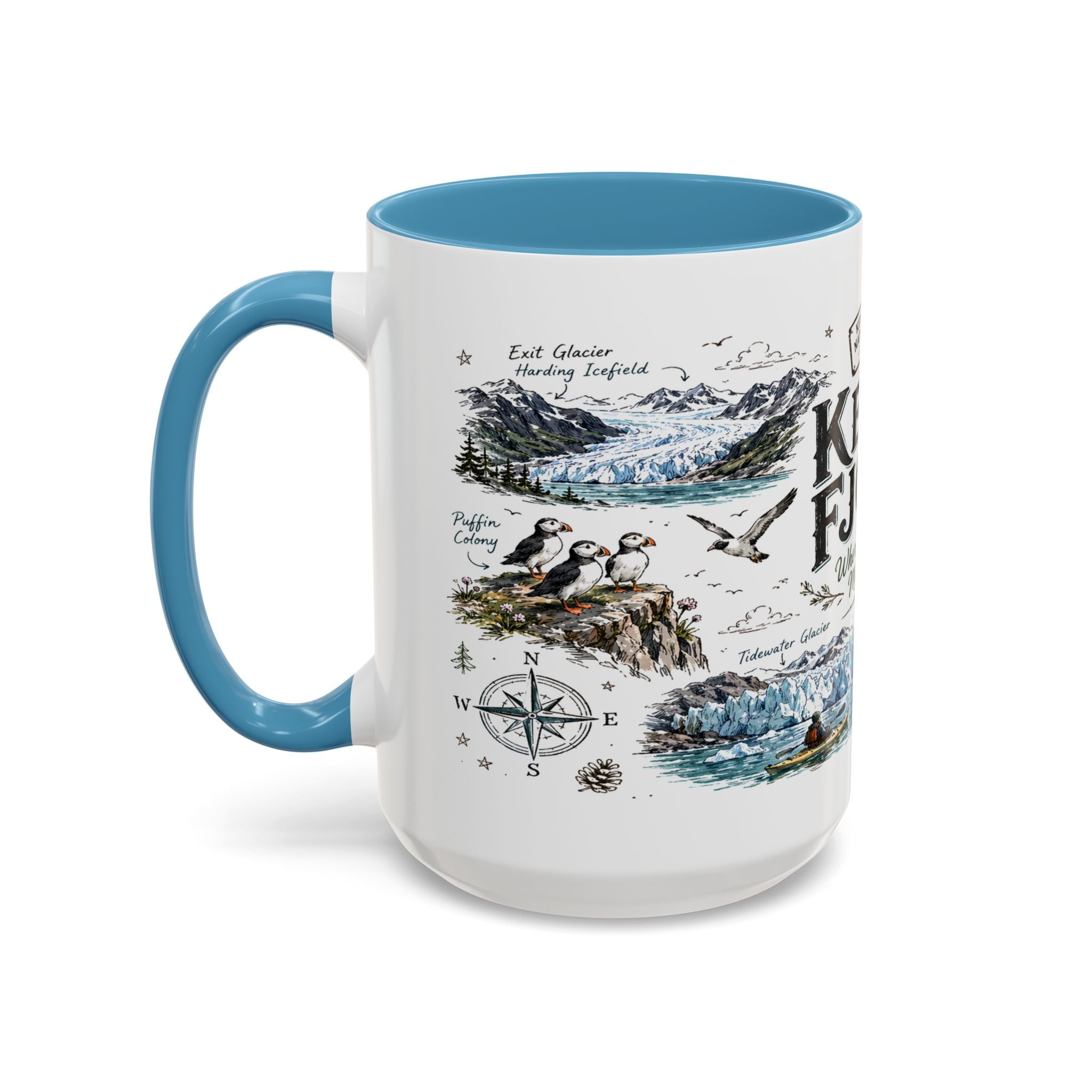 Kenai Fjords National Park Coffee Mug | Alaska Coastal Wildlife Hiking Gift | Accent Color Ceramic 11oz 15oz