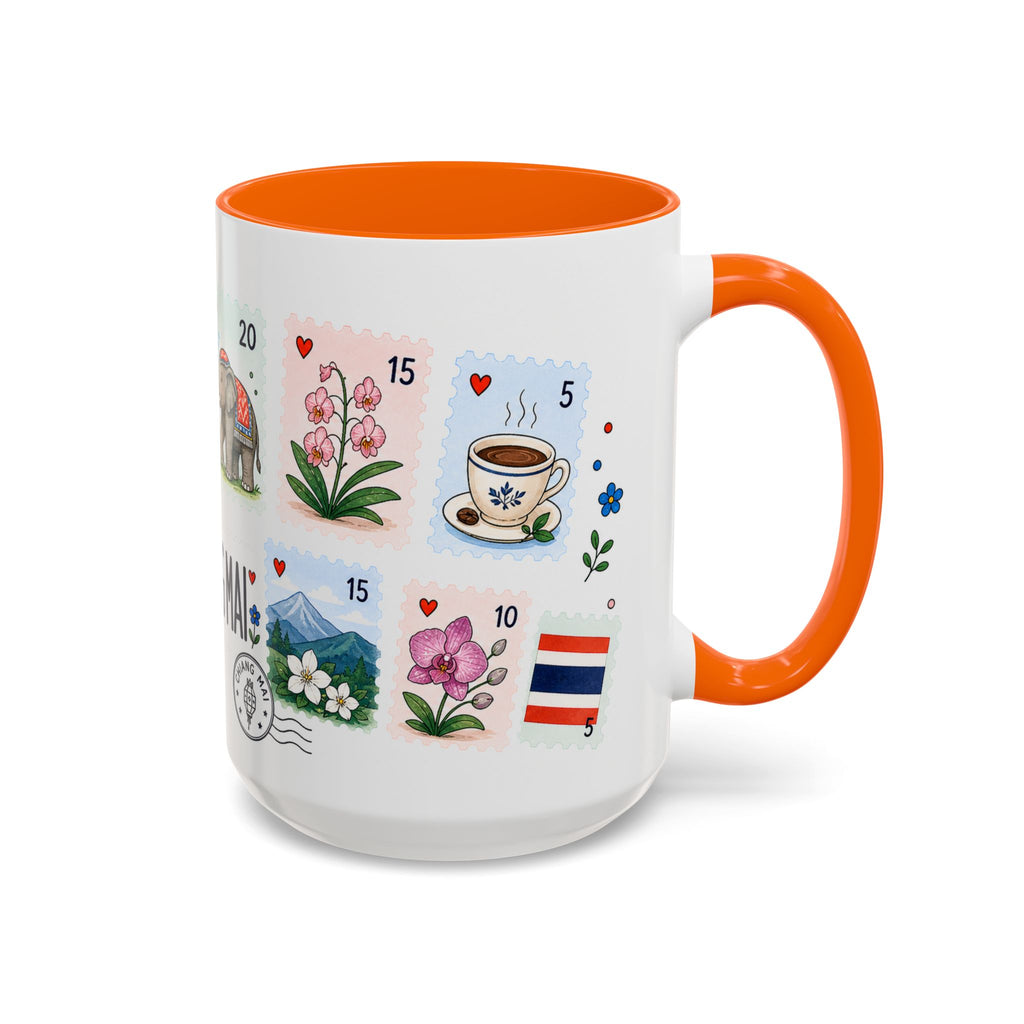 Chiang Mai Coffee Mug | Postage Stamp Collage Mug | Travel Souvenir Accent Cup 11oz 15oz
