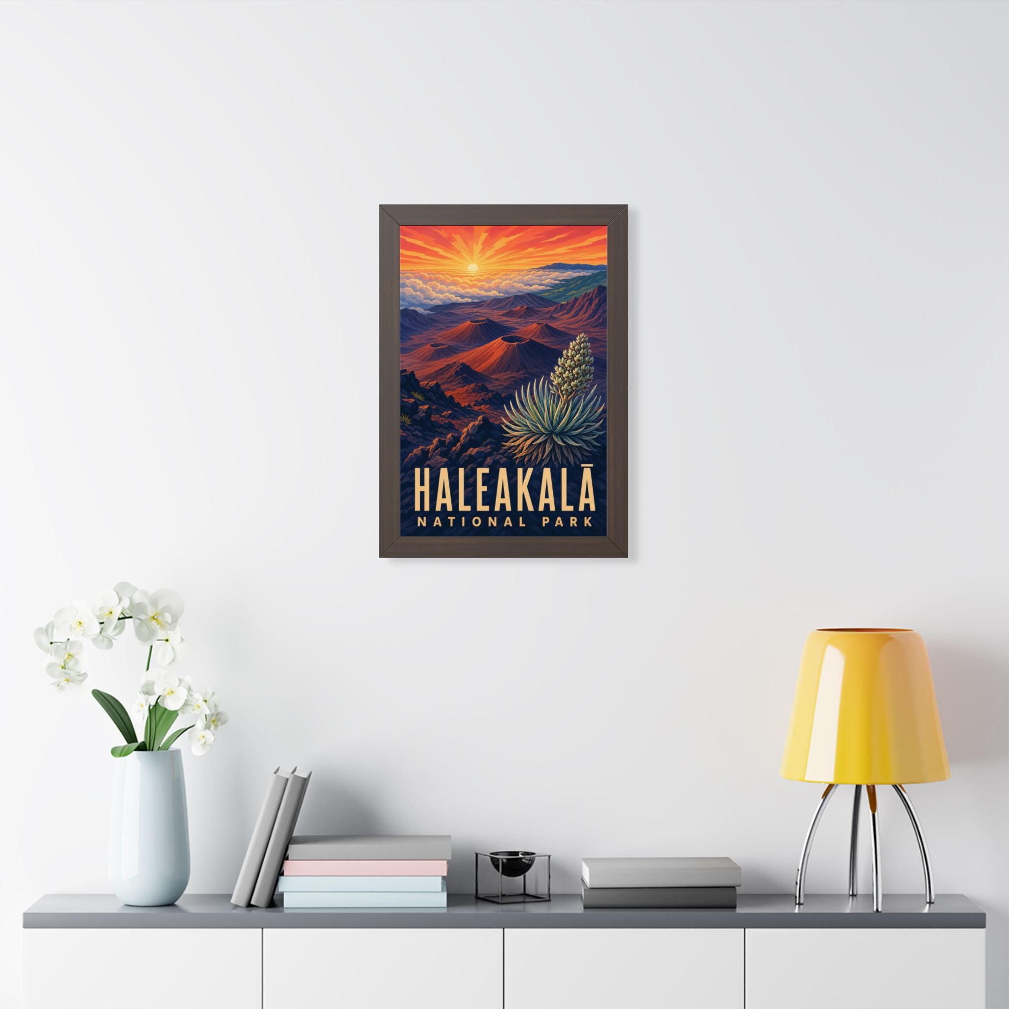 Haleakala National Park Framed Poster | Vintage Travel Wall Art | Black Walnut White Frame | 16x24 20x30