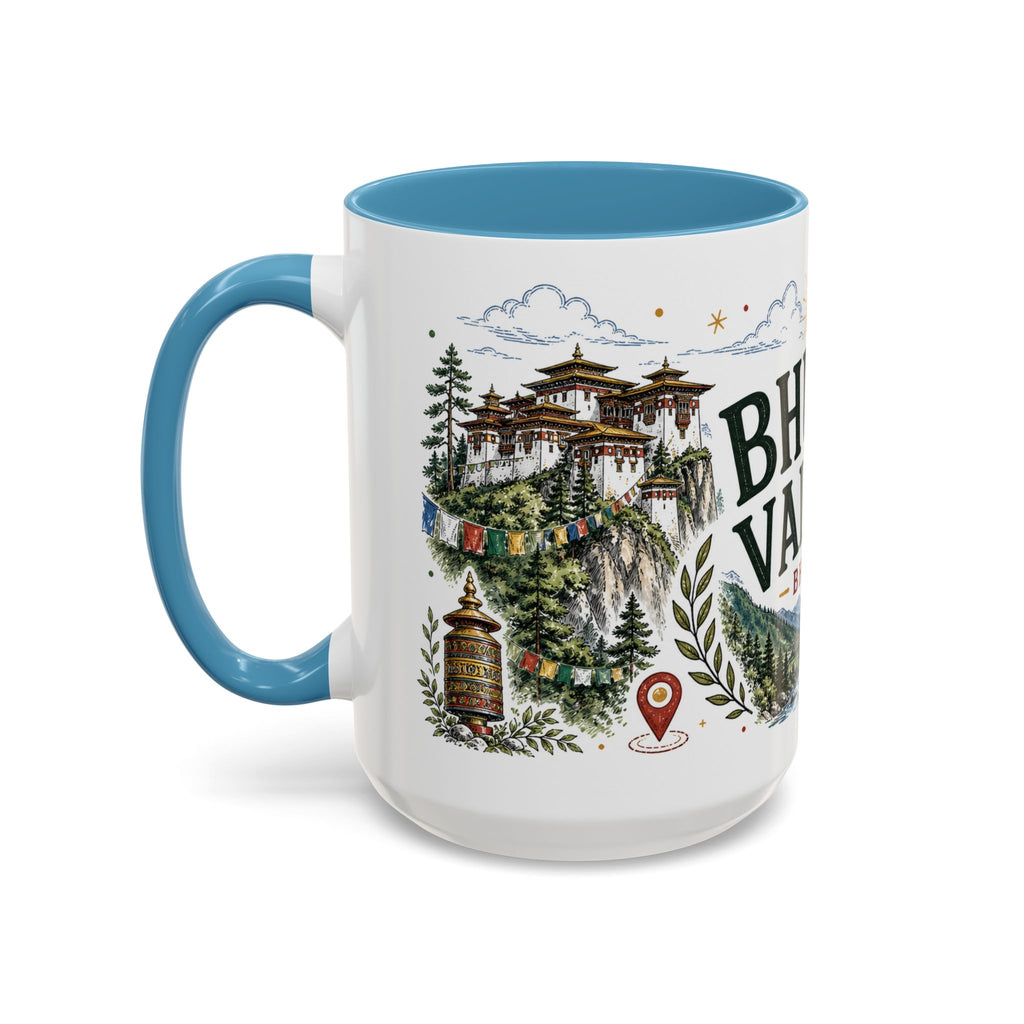 Bhutan Valleys Coffee Mug | Travel Destination Souvenir Gift | Accent Color Ceramic 11oz 15oz