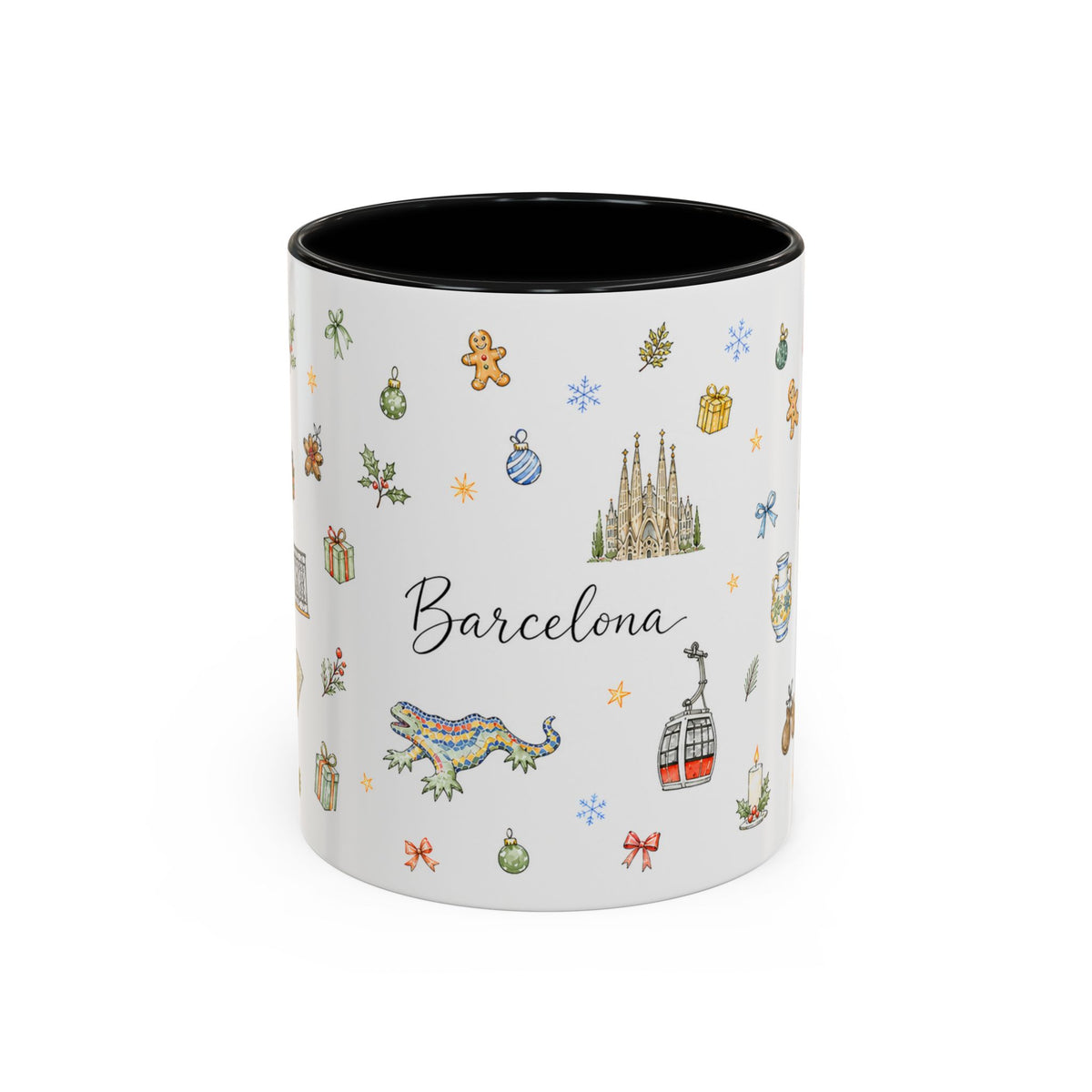 Barcelona Christmas Mug | Watercolor City Souvenir, Ceramic Coffee Cup (11oz/15oz)