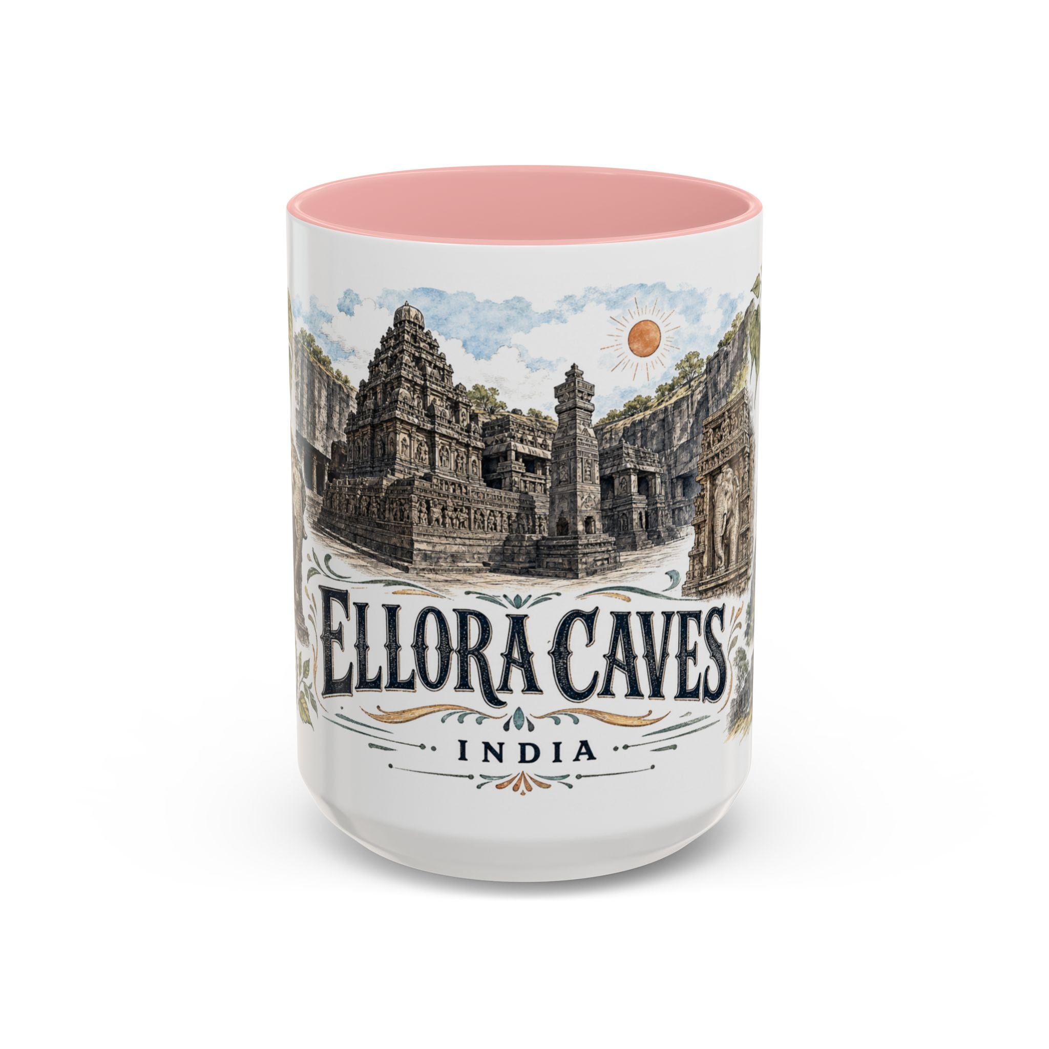 Ellora Caves Mug, India Travel Souvenir, Bucket List Gift, Accent Ceramic Coffee Mug 11oz 15oz