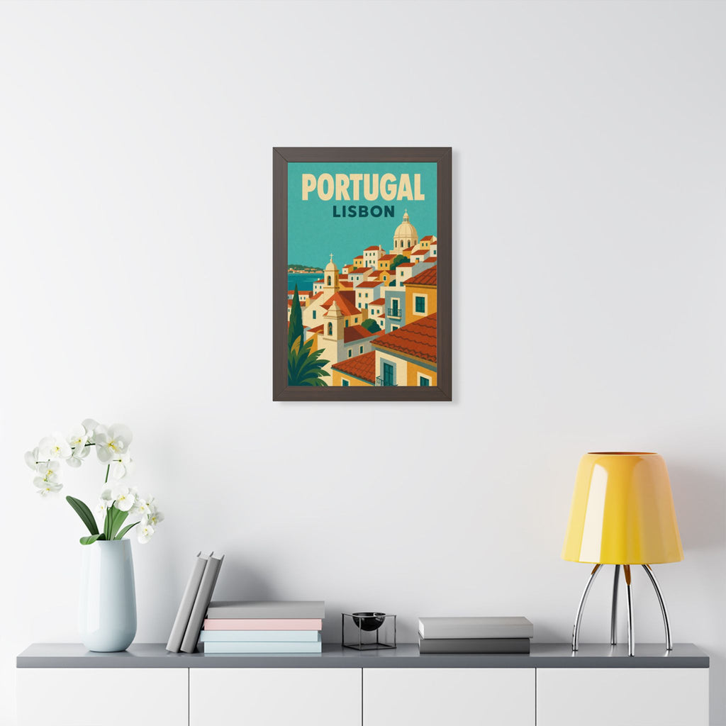 Lisbon Portugal Framed Poster | Vintage Travel Wall Art | Black Walnut White Frame | 16x24 20x30