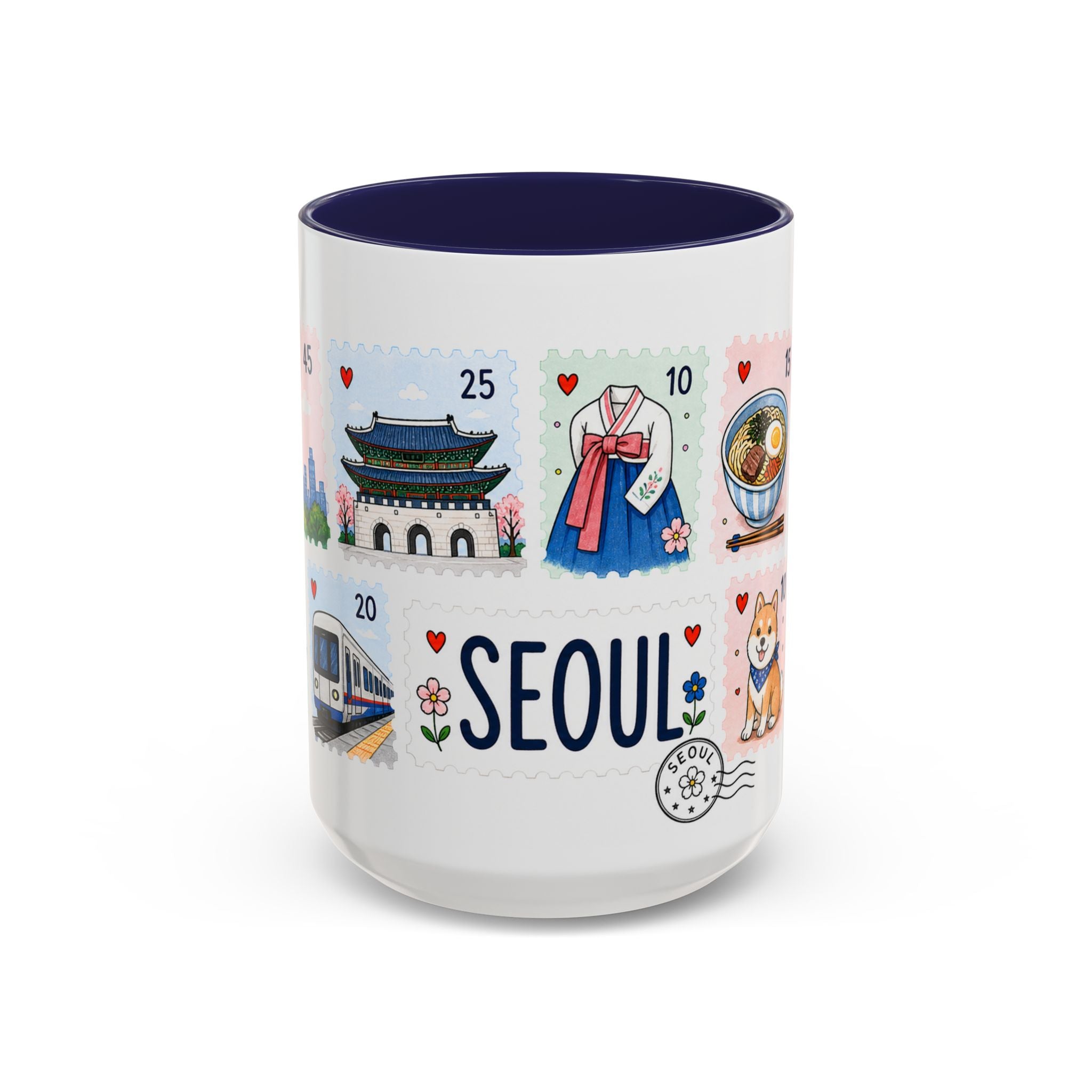 Seoul Coffee Mug | Postage Stamp Collage Mug | Travel Souvenir Accent Cup 11oz 15oz