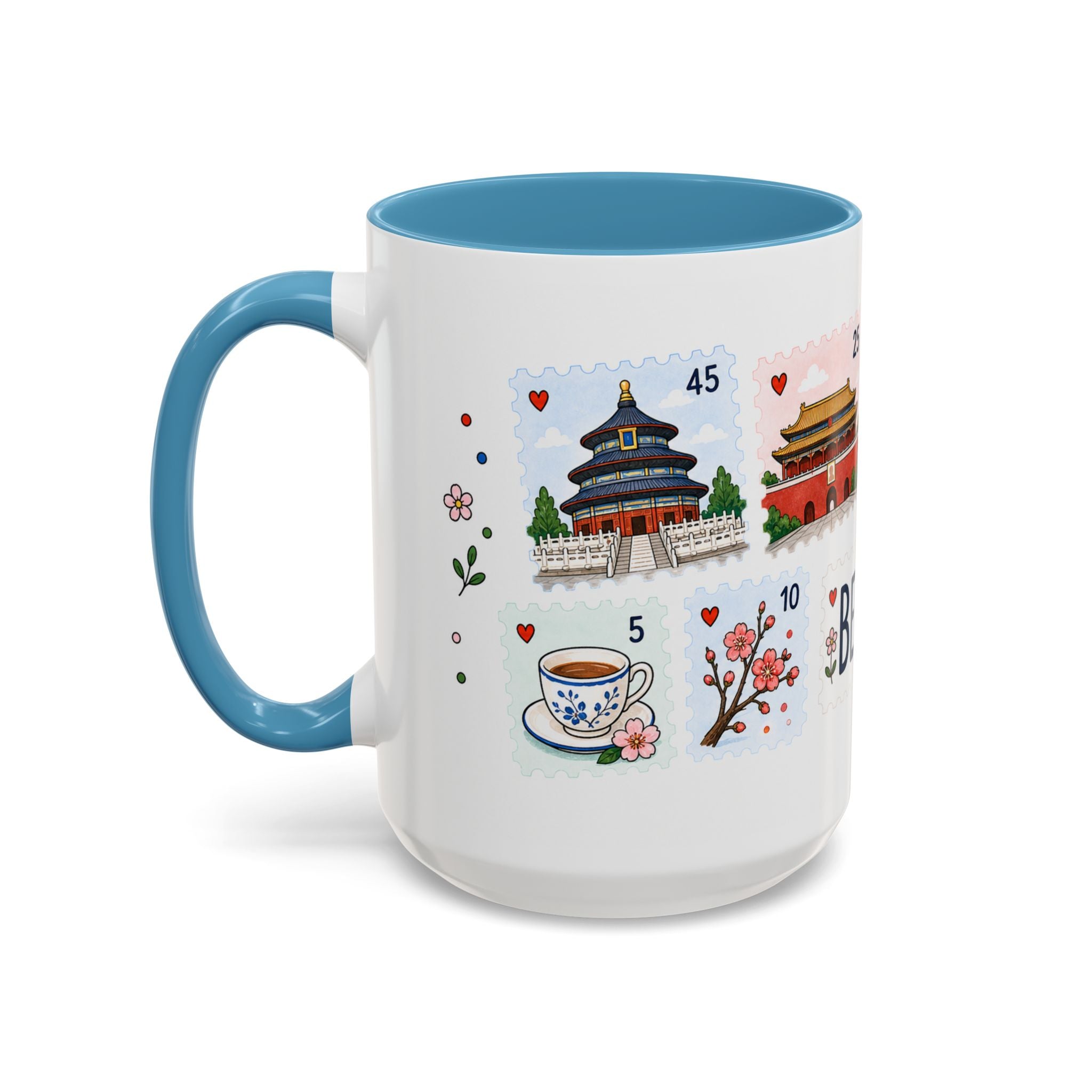 Beijing Coffee Mug | Postage Stamp Collage Mug | Travel Souvenir Accent Cup 11oz 15oz