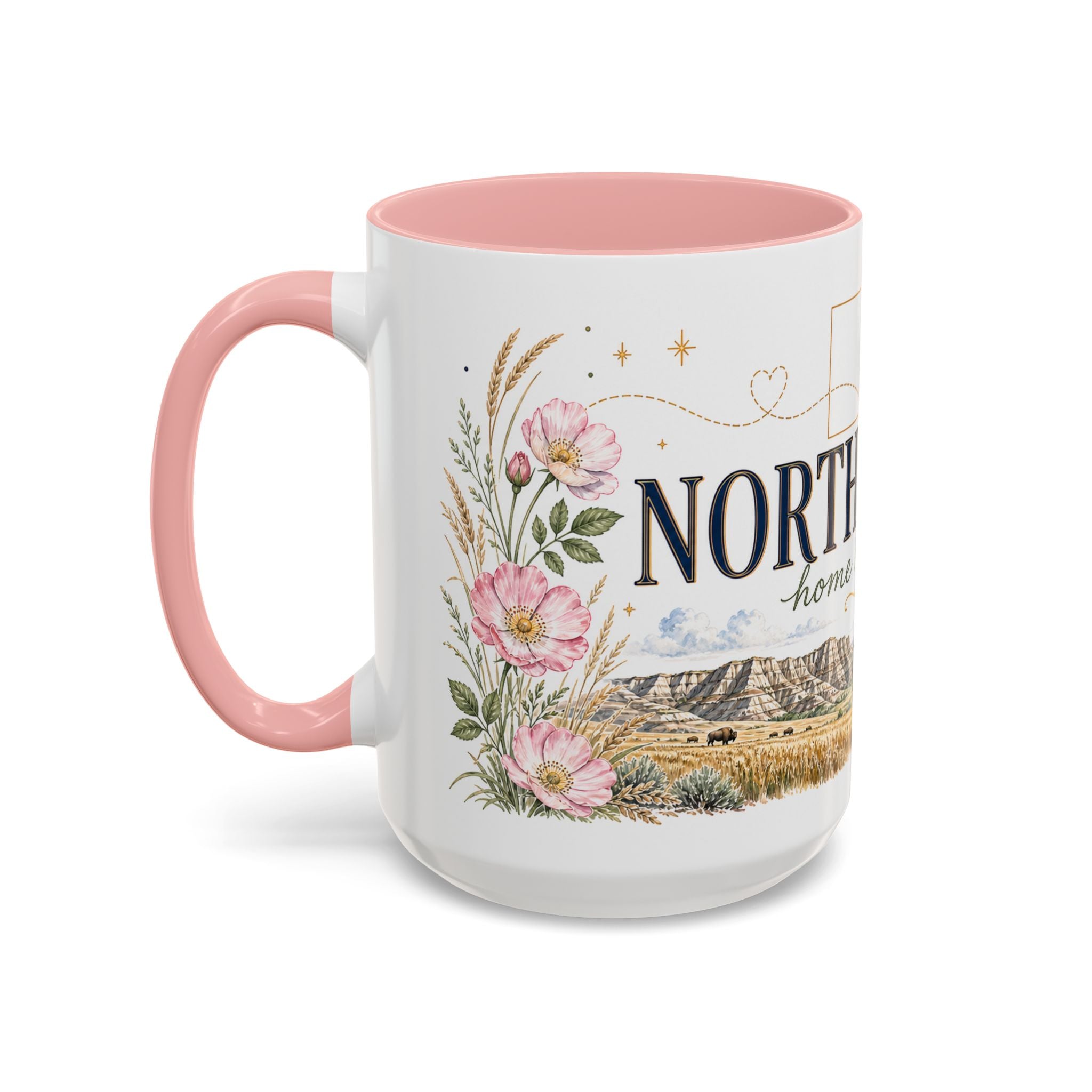 North Dakota State Map Mug | Prairie Rose Botanical Accent Coffee Cup