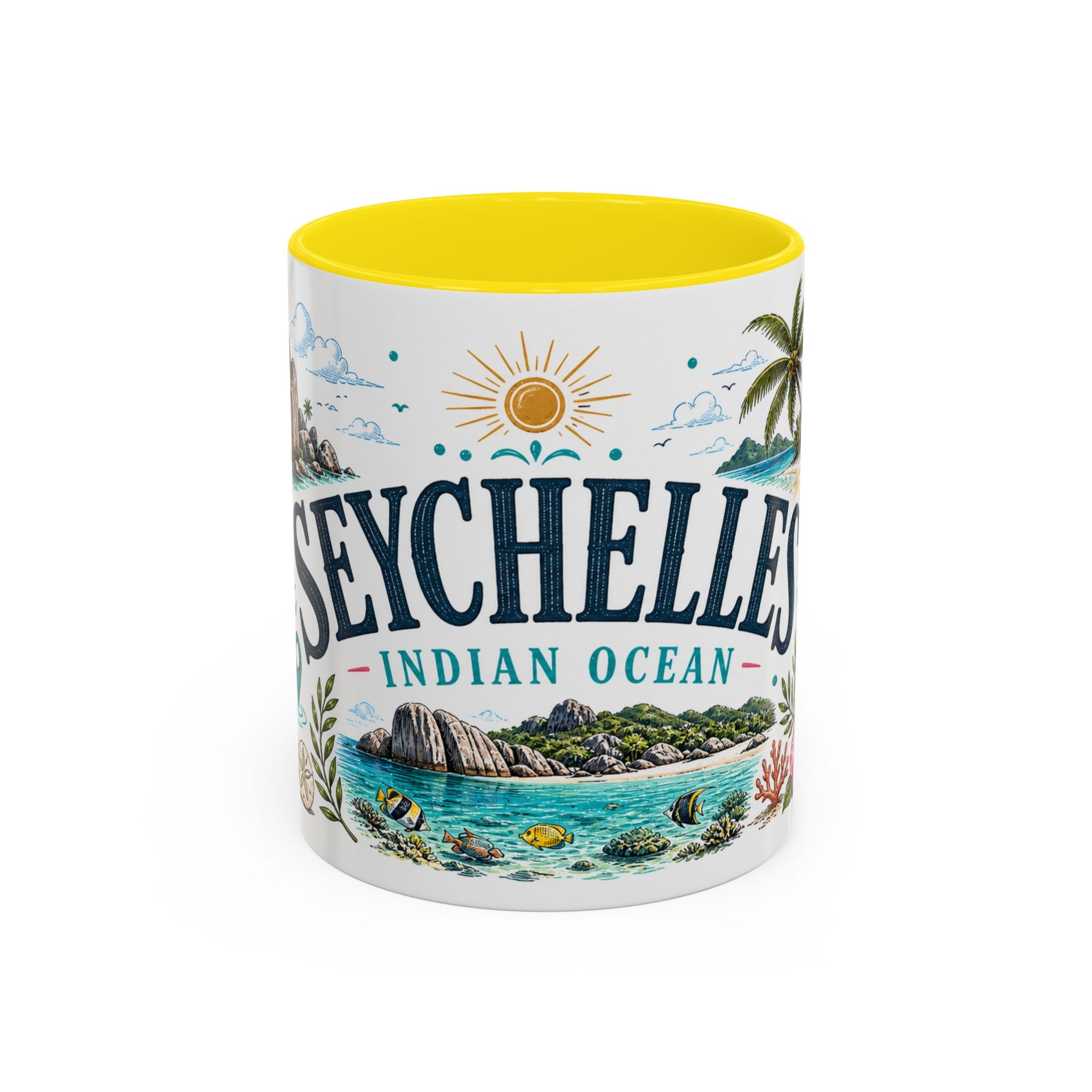 Seychelles Coffee Mug | Travel Destination Souvenir Gift | Accent Color Ceramic 11oz 15oz