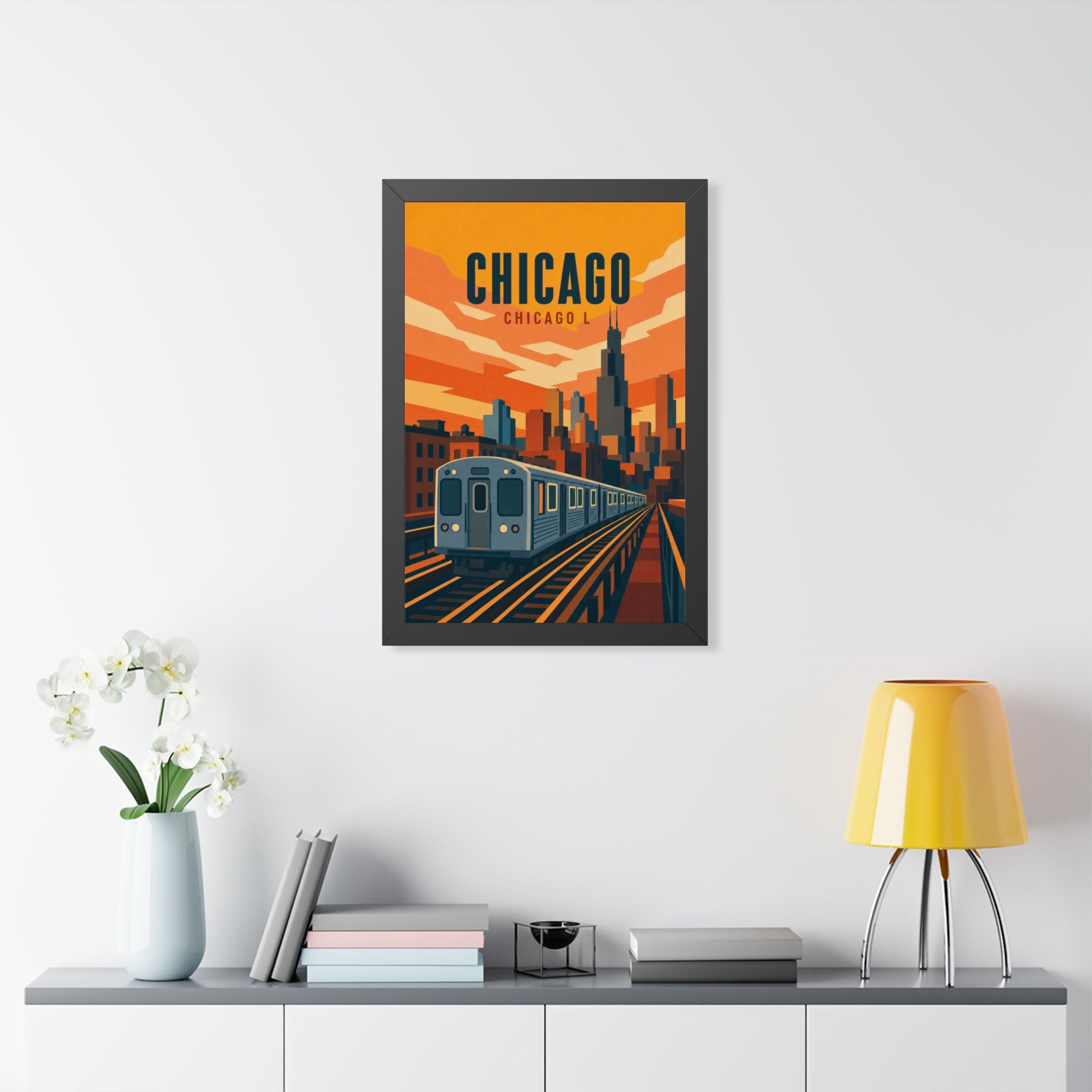 Chicago L Train United States Framed Poster | Vintage Travel Wall Art | Black Walnut White Frame | 16x24 20x30