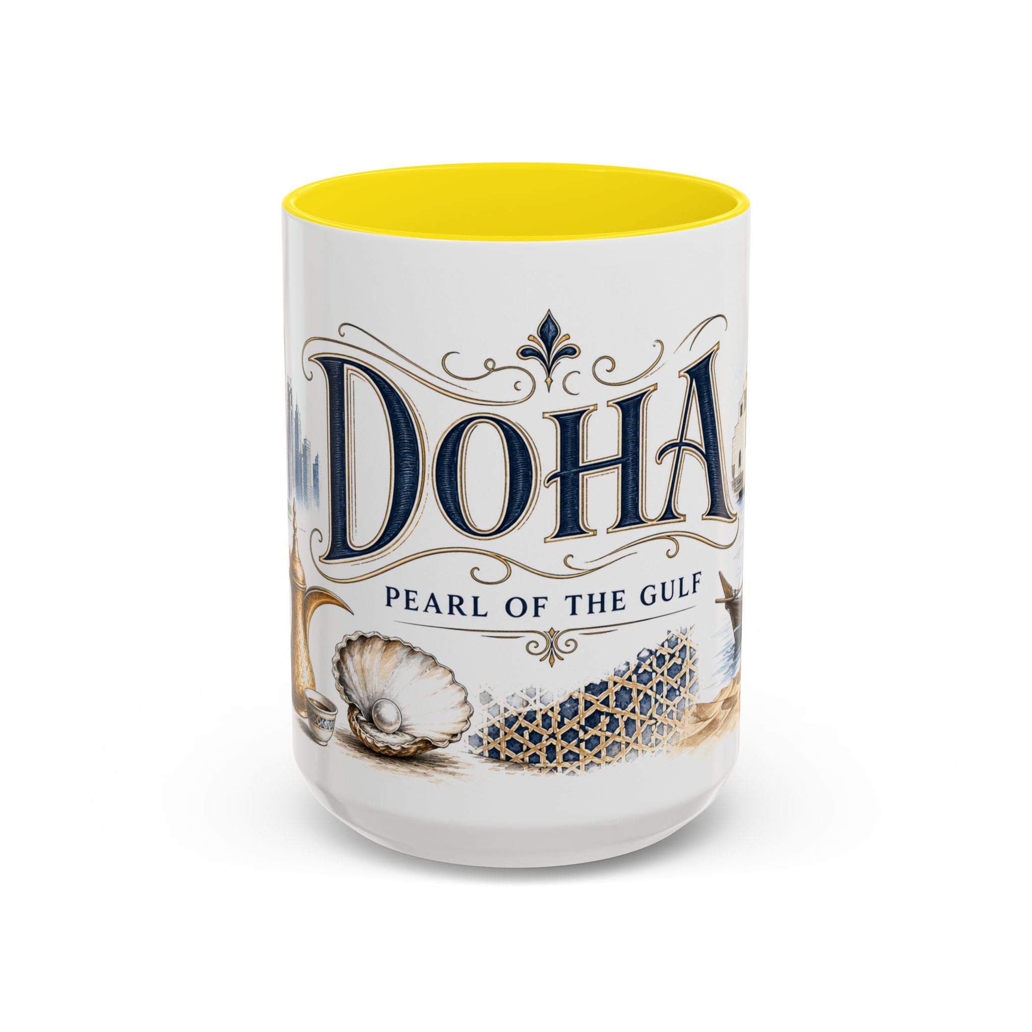 Doha Coffee Mug | Qatar Travel Souvenir | Vintage Illustrated City Gift | 11 oz 15 oz Accent Mug