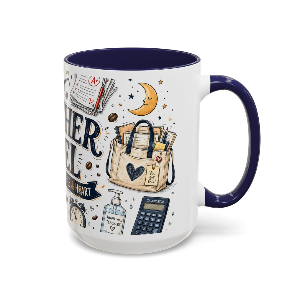 Teacher Fuel Coffee Mug | Powered by Coffee and Wine Funny Gift | Accent Color Ceramic 11oz 15oz