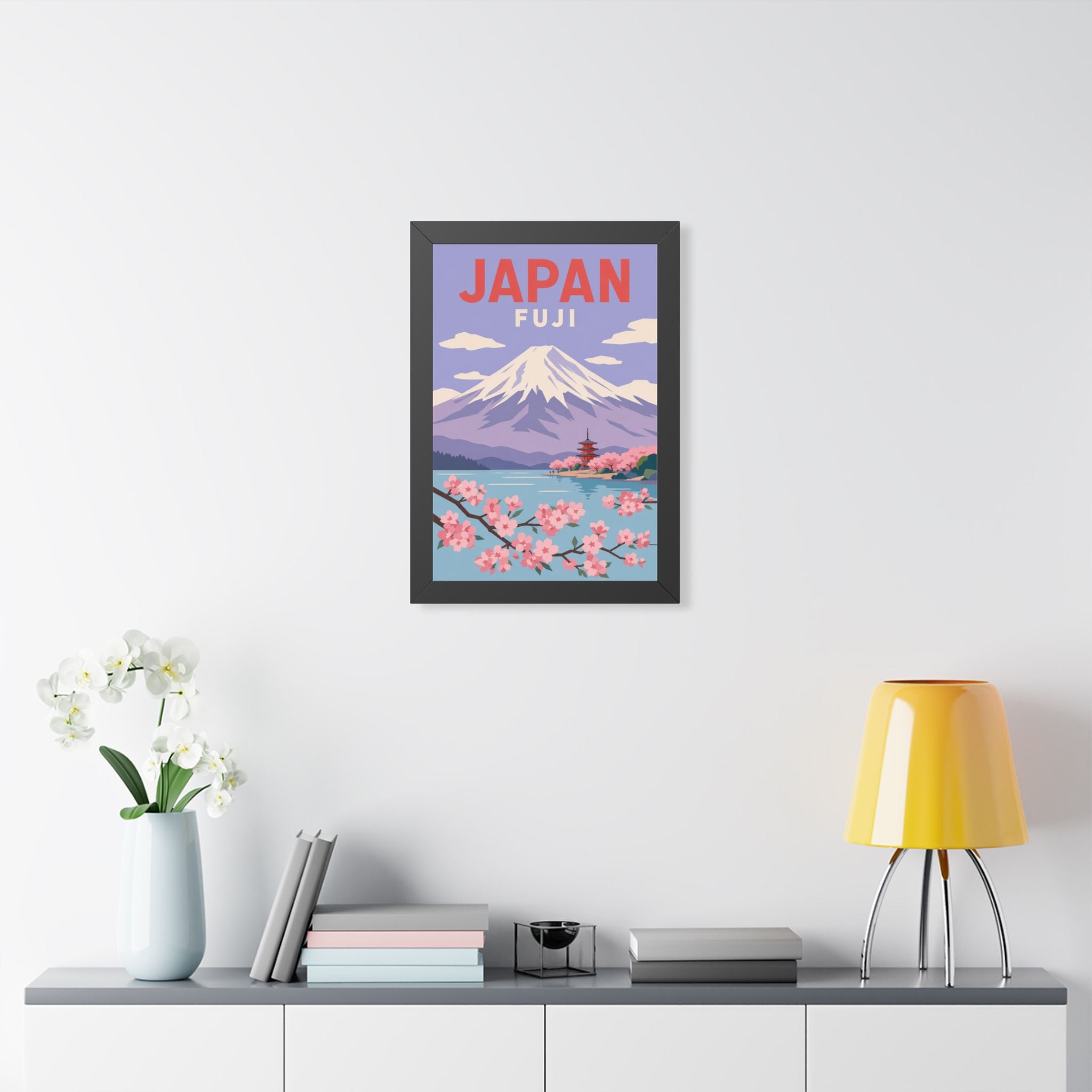 Mount Fuji Japan Framed Poster | Vintage Travel Wall Art | Black Walnut White Frame | 16x24 20x30