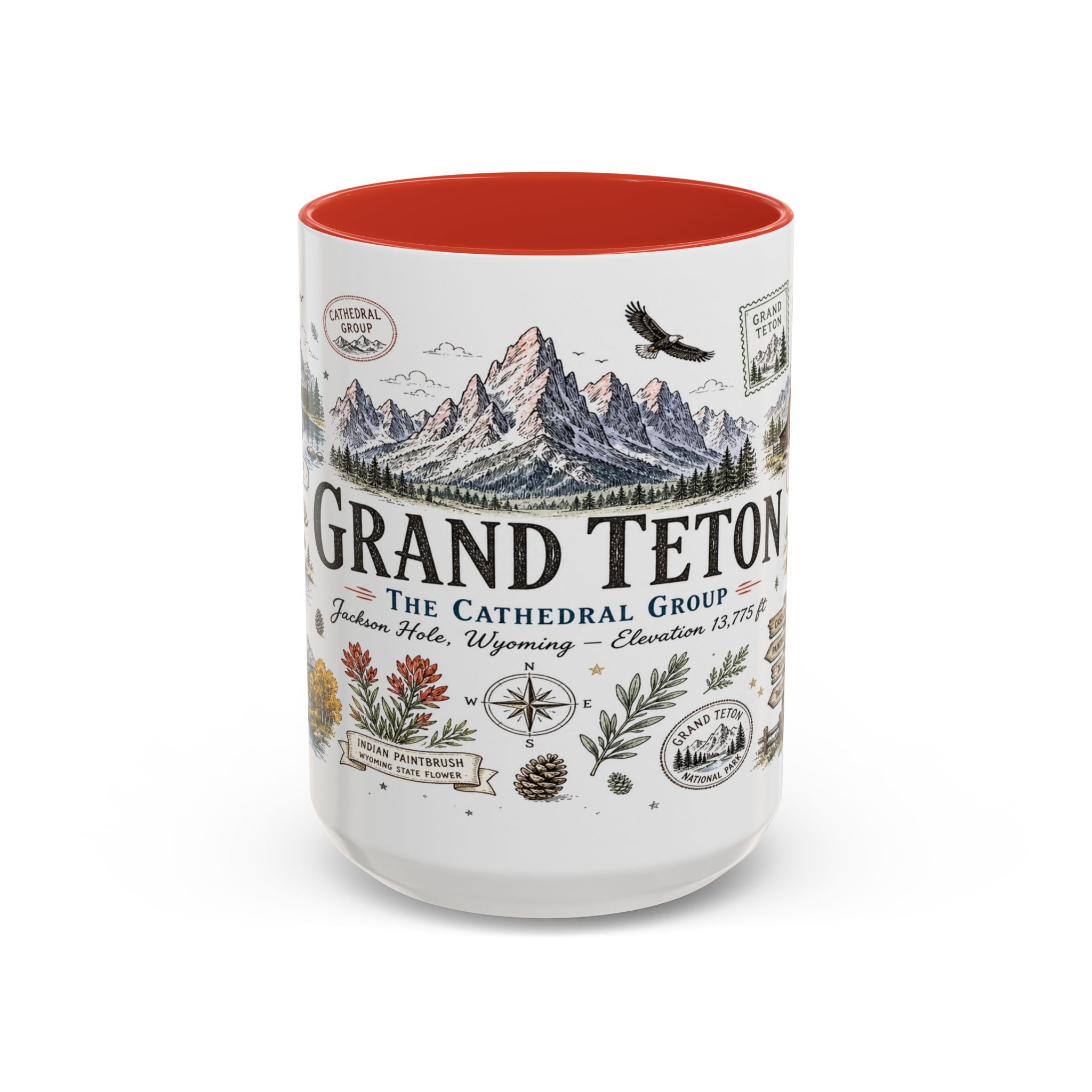 Grand Teton Coffee Mug | National Park Hiking Wyoming Gift | Accent Color Ceramic 11oz 15oz