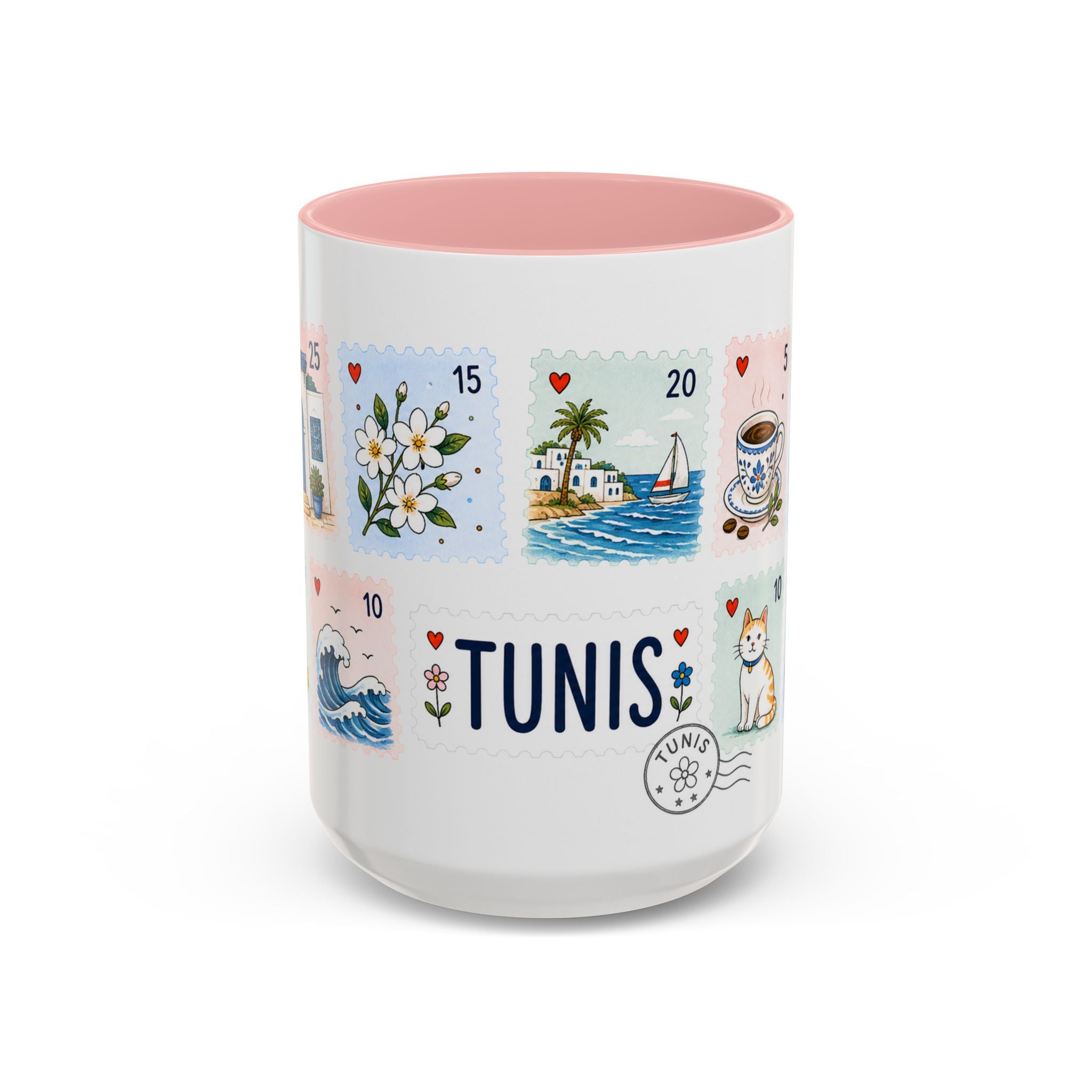 Tunis Coffee Mug | Postage Stamp Collage Mug | Travel Souvenir Accent Cup 11oz 15oz