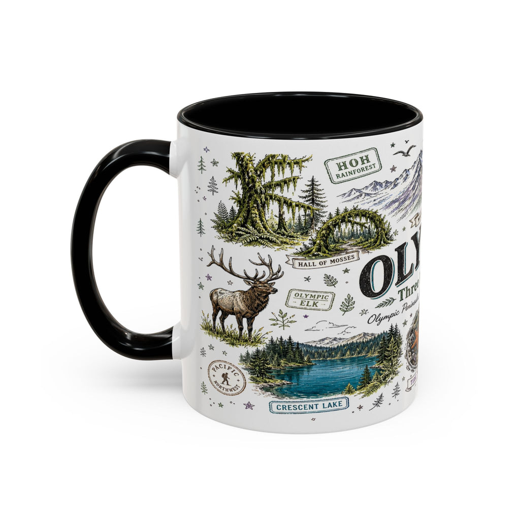 Olympic Coffee Mug | National Park Hiking Rainforest Gift | Accent Color Ceramic 11oz 15oz