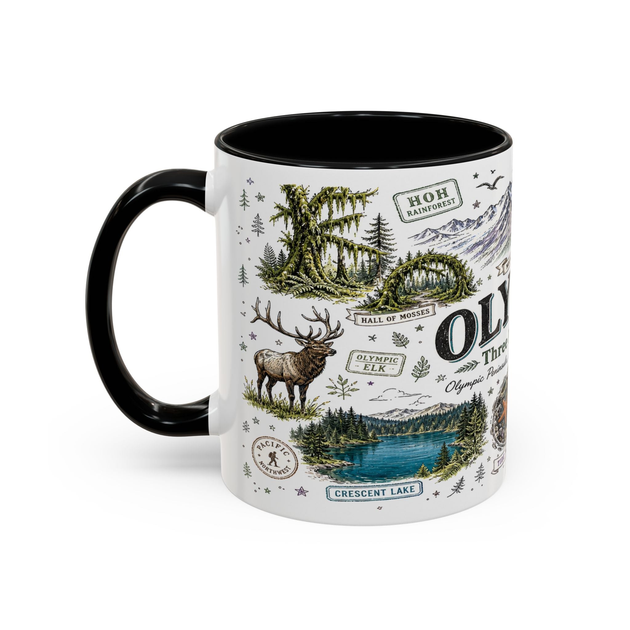 Olympic Coffee Mug | National Park Hiking Rainforest Gift | Accent Color Ceramic 11oz 15oz