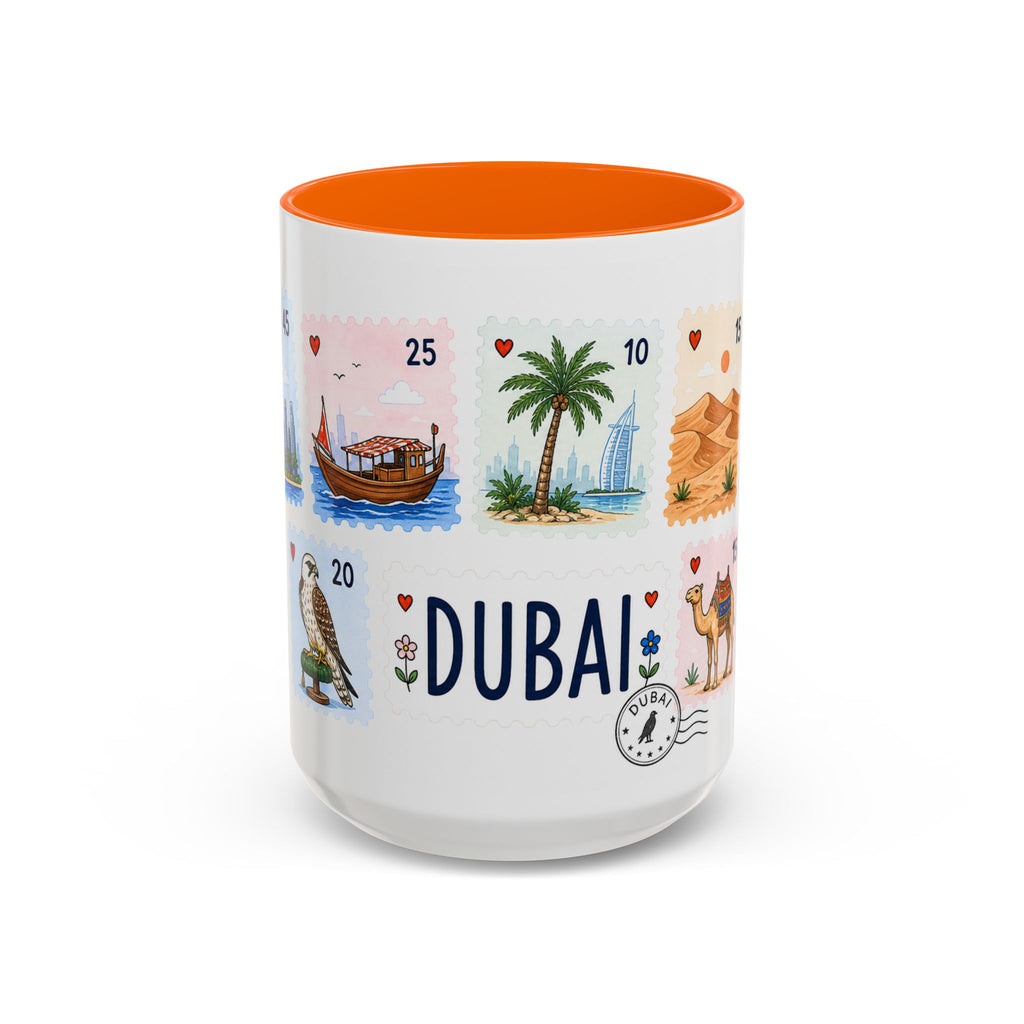 Dubai Coffee Mug | Postage Stamp Collage Mug | Travel Souvenir Accent Cup 11oz 15oz