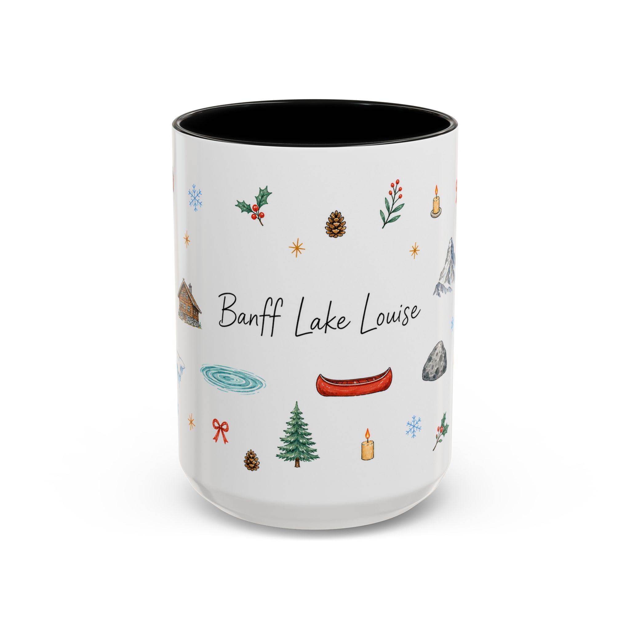 Banff Lake Louise Christmas Mug | Watercolor Travel Souvenir | Holiday Gift | Accent Ceramic Coffee Cup 11oz 15oz