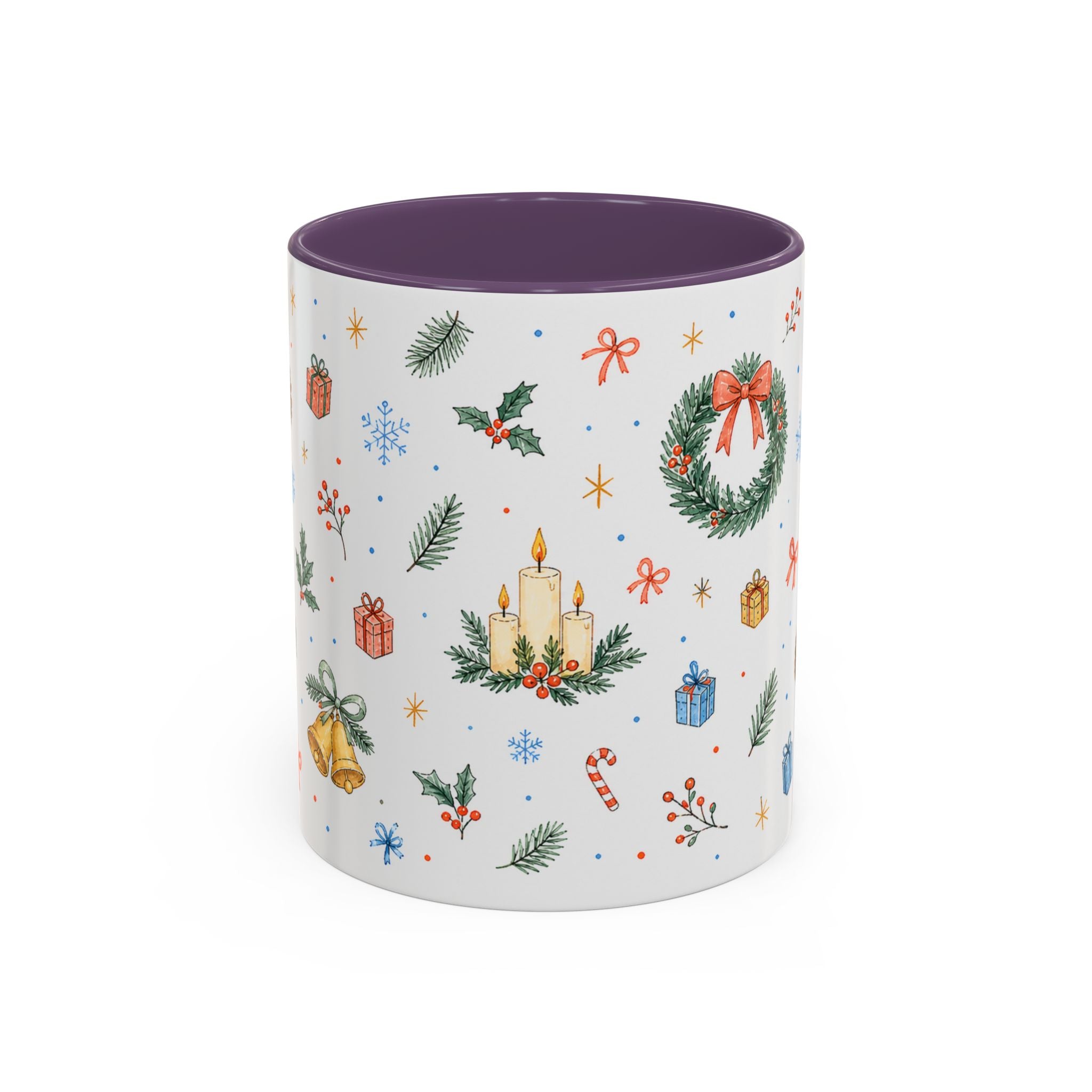 Christmas Candle Mug | Holly Wreath Watercolor Holiday Gift | Accent Cup 11oz 15oz