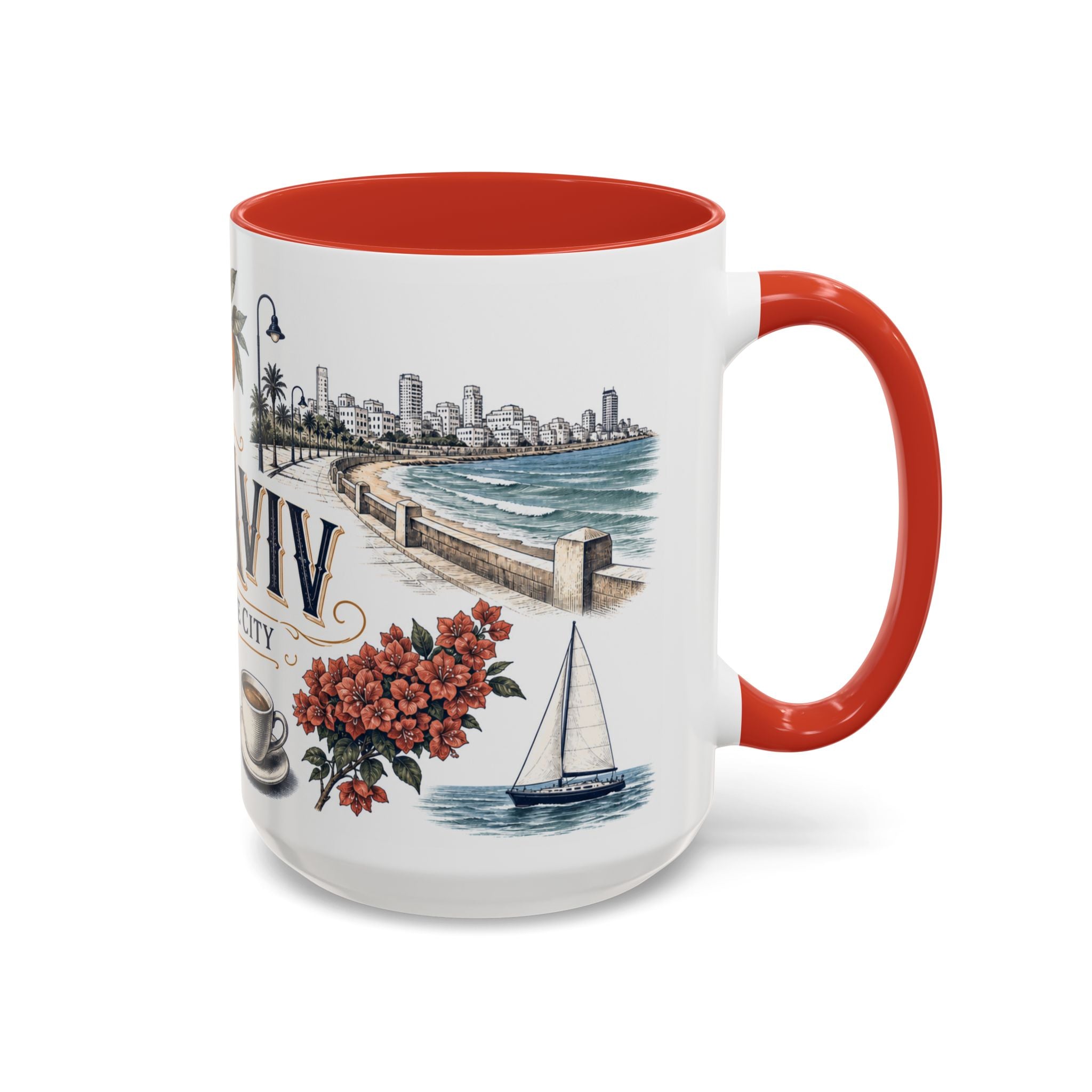 Tel Aviv Coffee Mug | Israel Travel Souvenir | Vintage Illustrated City Gift | 11 oz 15 oz Accent Mug