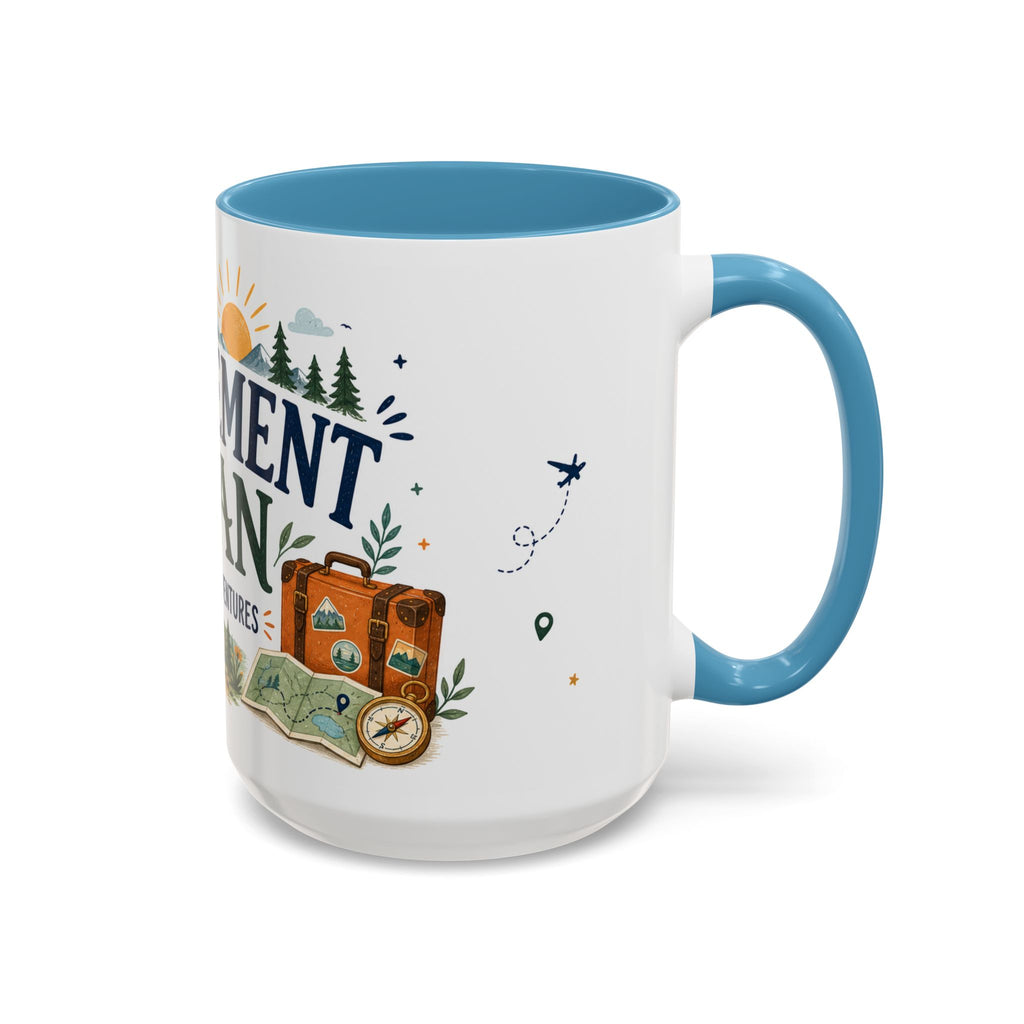 Retirement Plan Coffee And Adventures Mug | Travel Retirement Gift | Accent Color Ceramic 11oz 15oz
