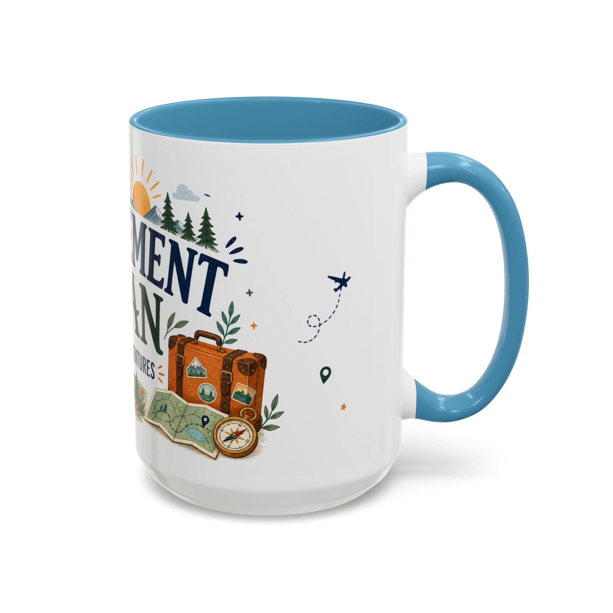 Retirement Plan Coffee And Adventures Mug | Travel Retirement Gift | Accent Color Ceramic 11oz 15oz