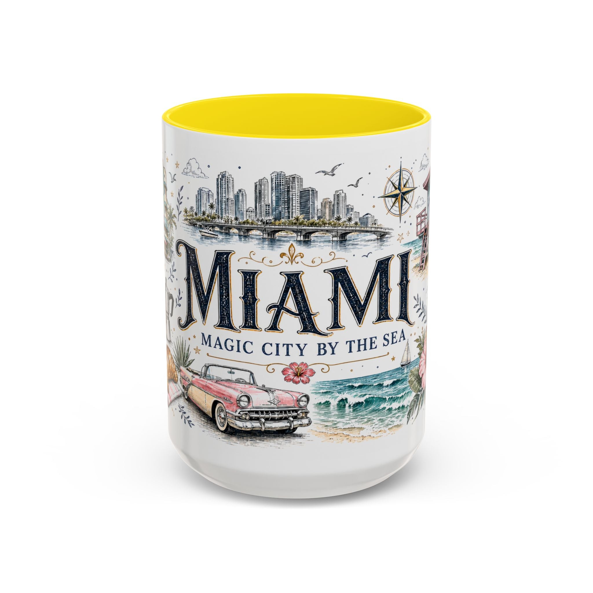 Miami Coffee Mug | United States Travel Souvenir | Vintage Illustrated City Gift | 11 oz 15 oz Accent Mug