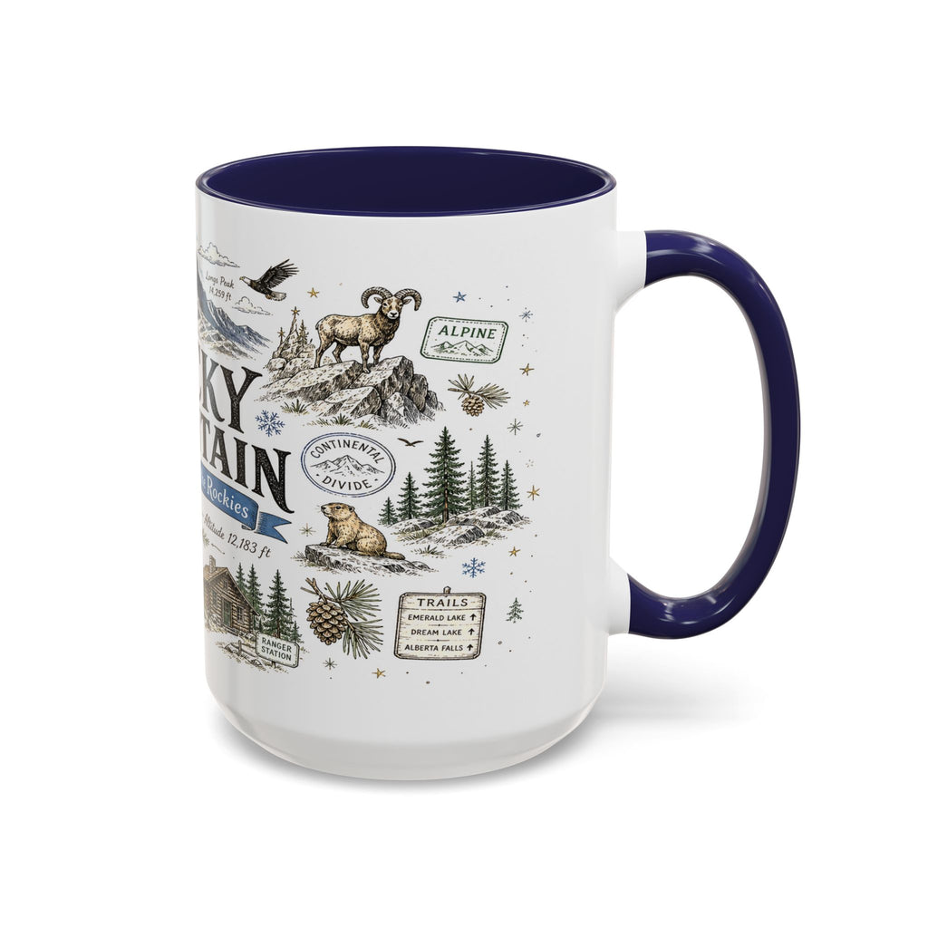 Rocky Mountain Coffee Mug | National Park Hiking Camping Gift | Accent Color Ceramic 11oz 15oz