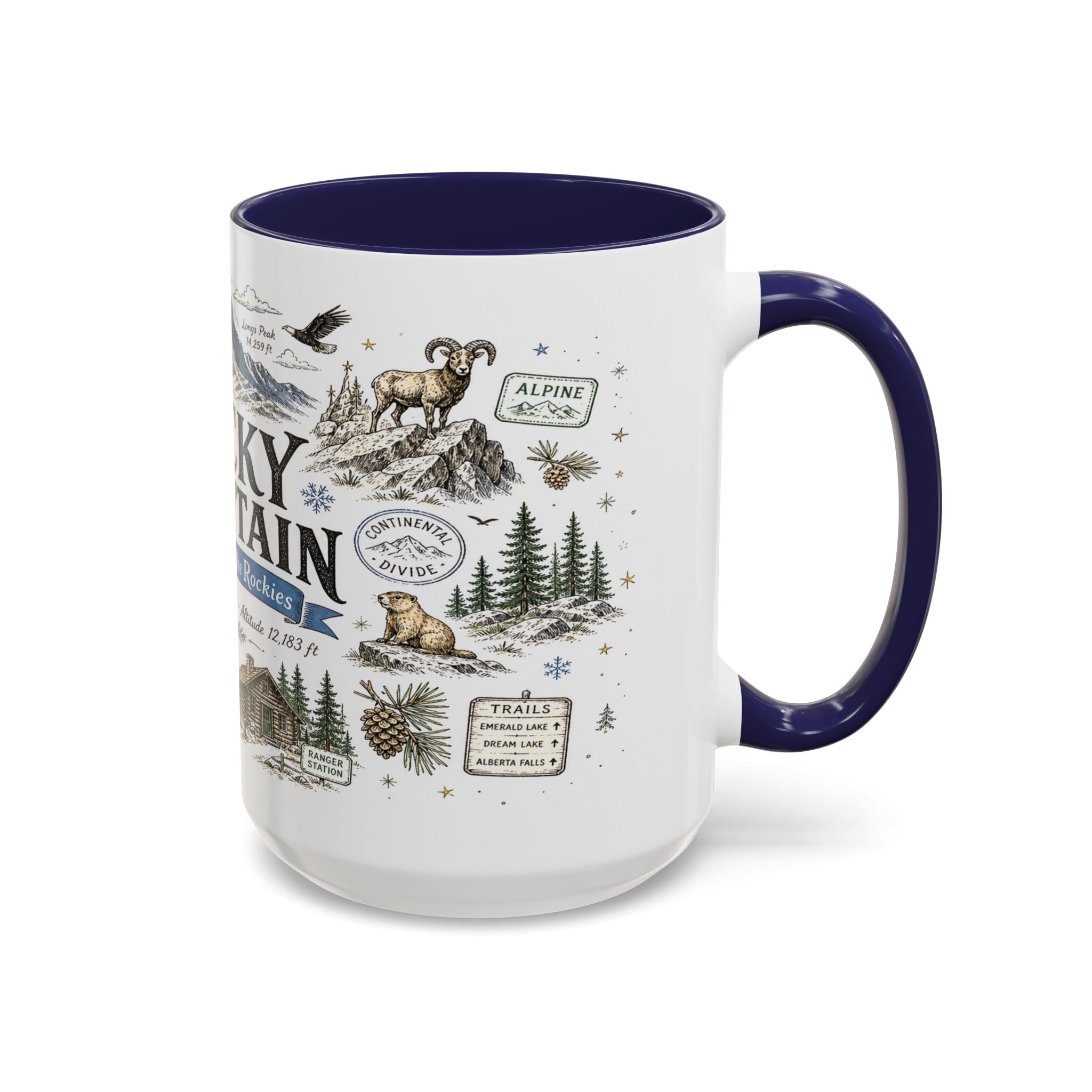 Rocky Mountain Coffee Mug | National Park Hiking Camping Gift | Accent Color Ceramic 11oz 15oz