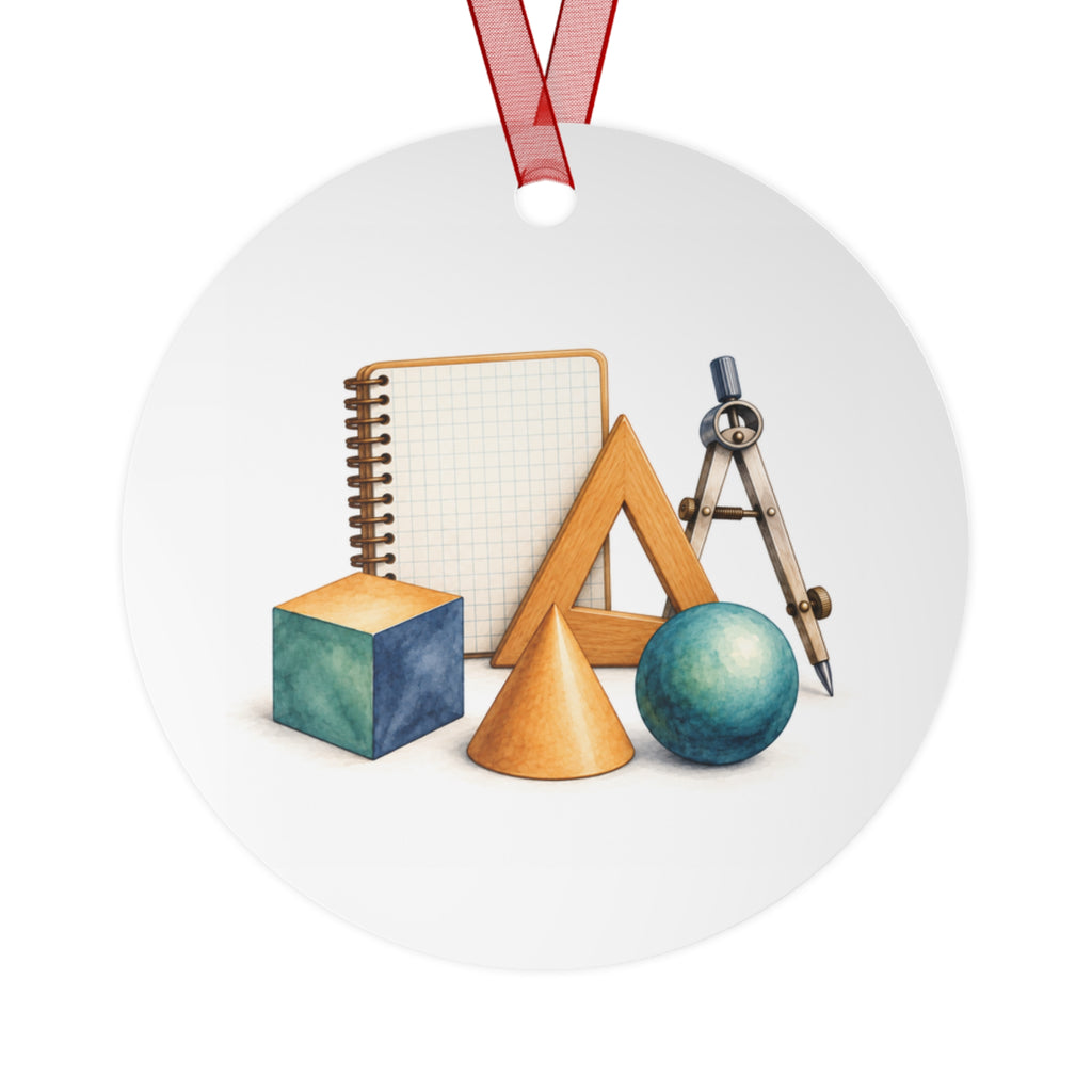 Front view of a round aluminum ornament with mathematics artwork.