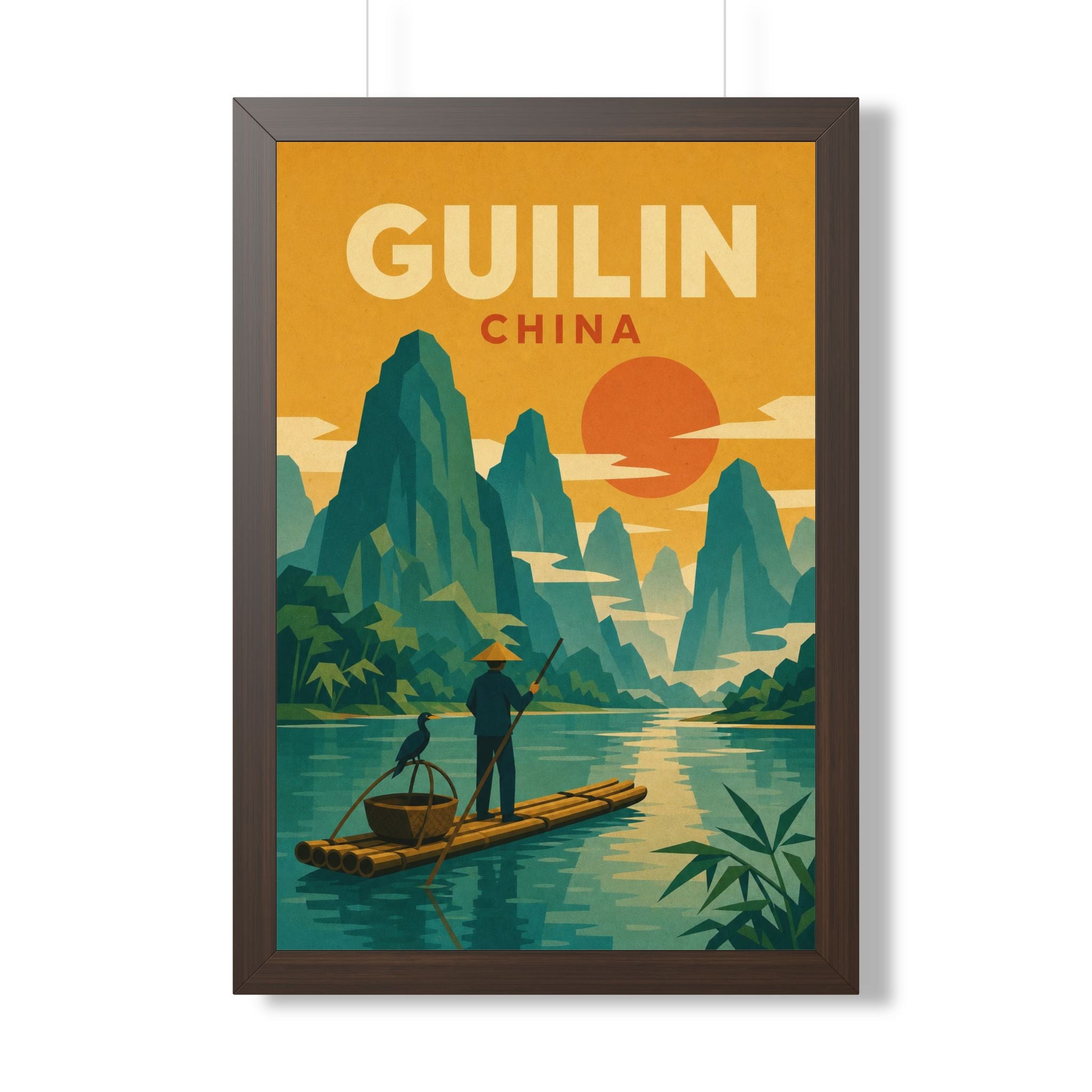 Guilin China Framed Poster | Vintage Travel Wall Art | Black Walnut White Frame | 16x24 20x30