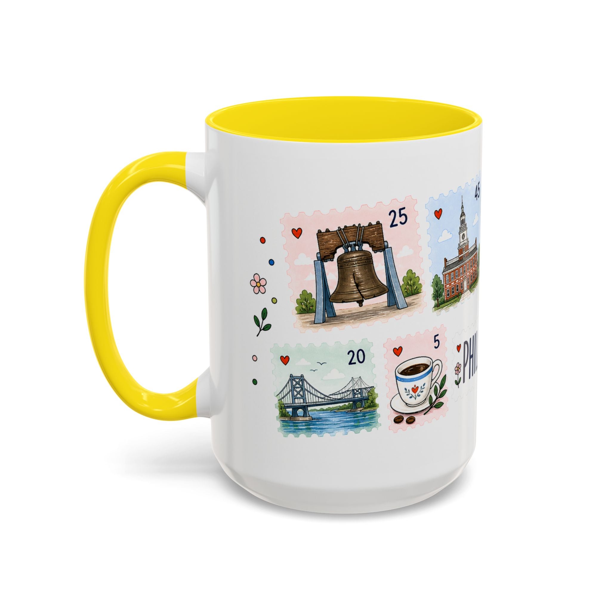 Philadelphia Coffee Mug | Postage Stamp Collage Mug | Travel Souvenir Accent Cup 11oz 15oz