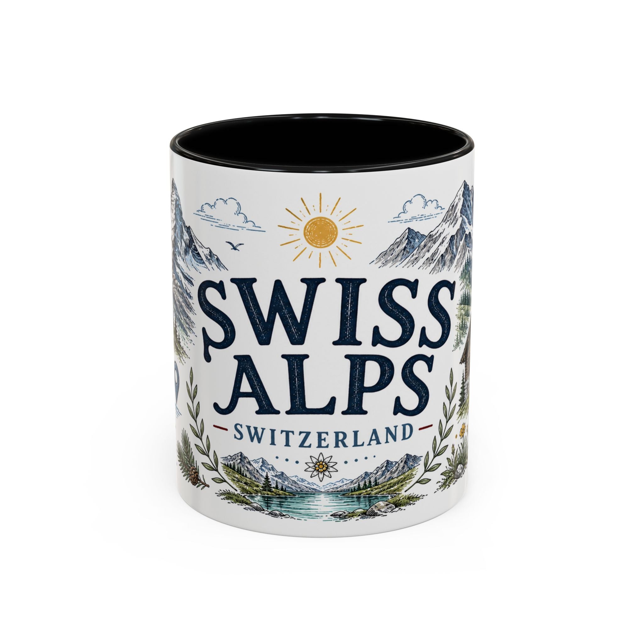 Swiss Alps Coffee Mug | Travel Destination Souvenir Gift | Accent Color Ceramic 11oz 15oz