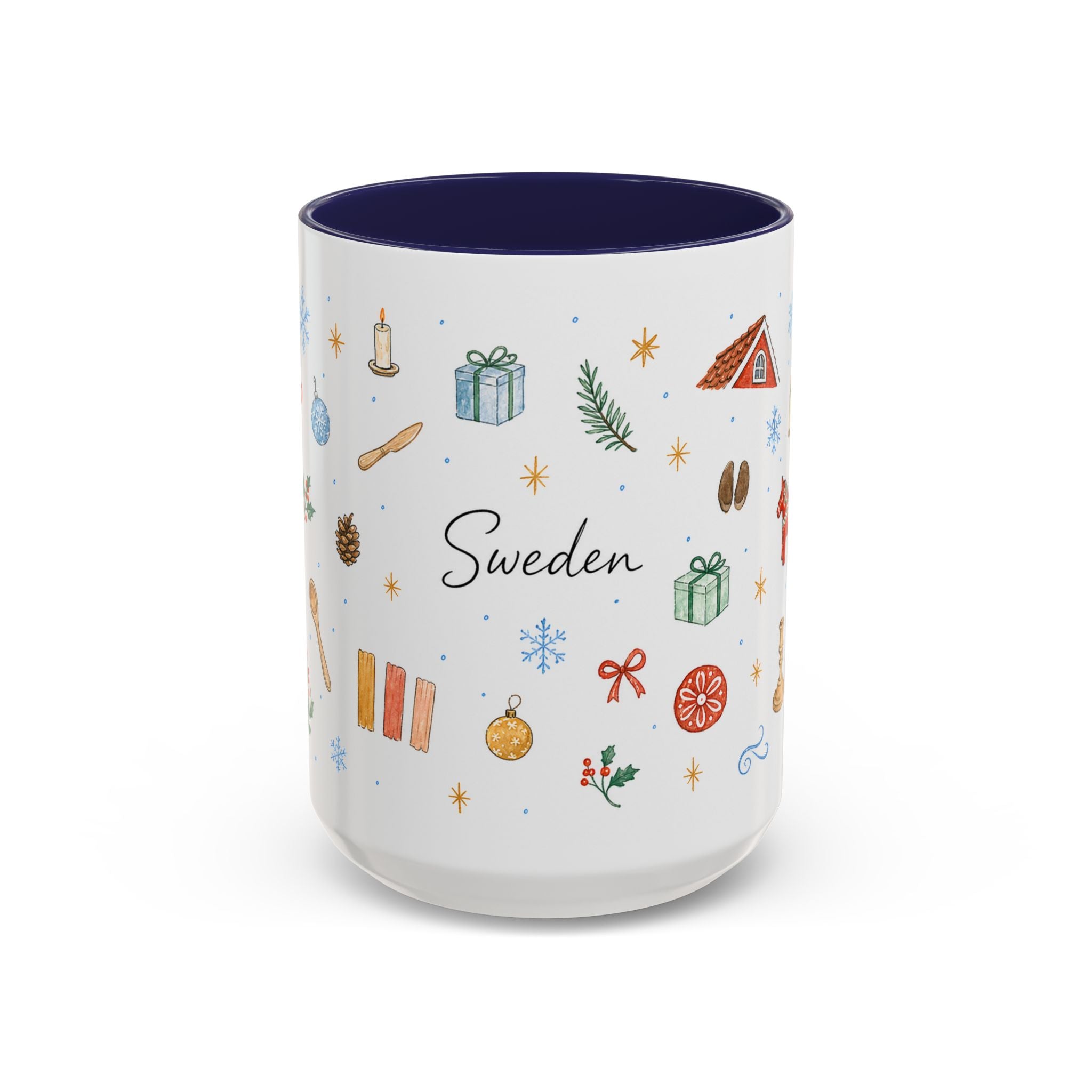 Sweden Christmas Mug | Watercolor Travel Souvenir | Holiday Gift | Accent Ceramic Coffee Cup 11oz 15oz
