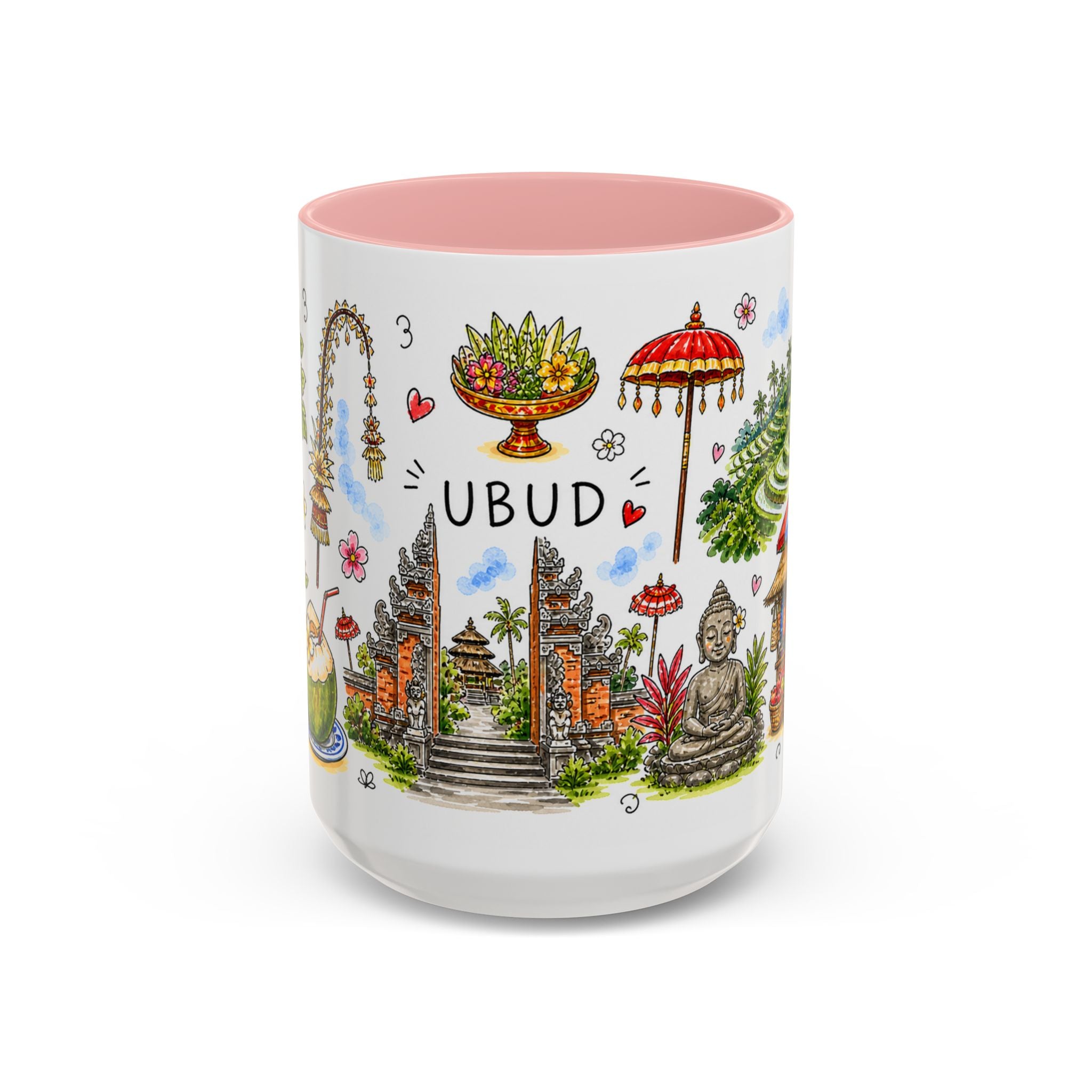 Ubud Illustrated Travel Mug | City Souvenir Accent Coffee Mug | 11oz 15oz Ceramic Cup