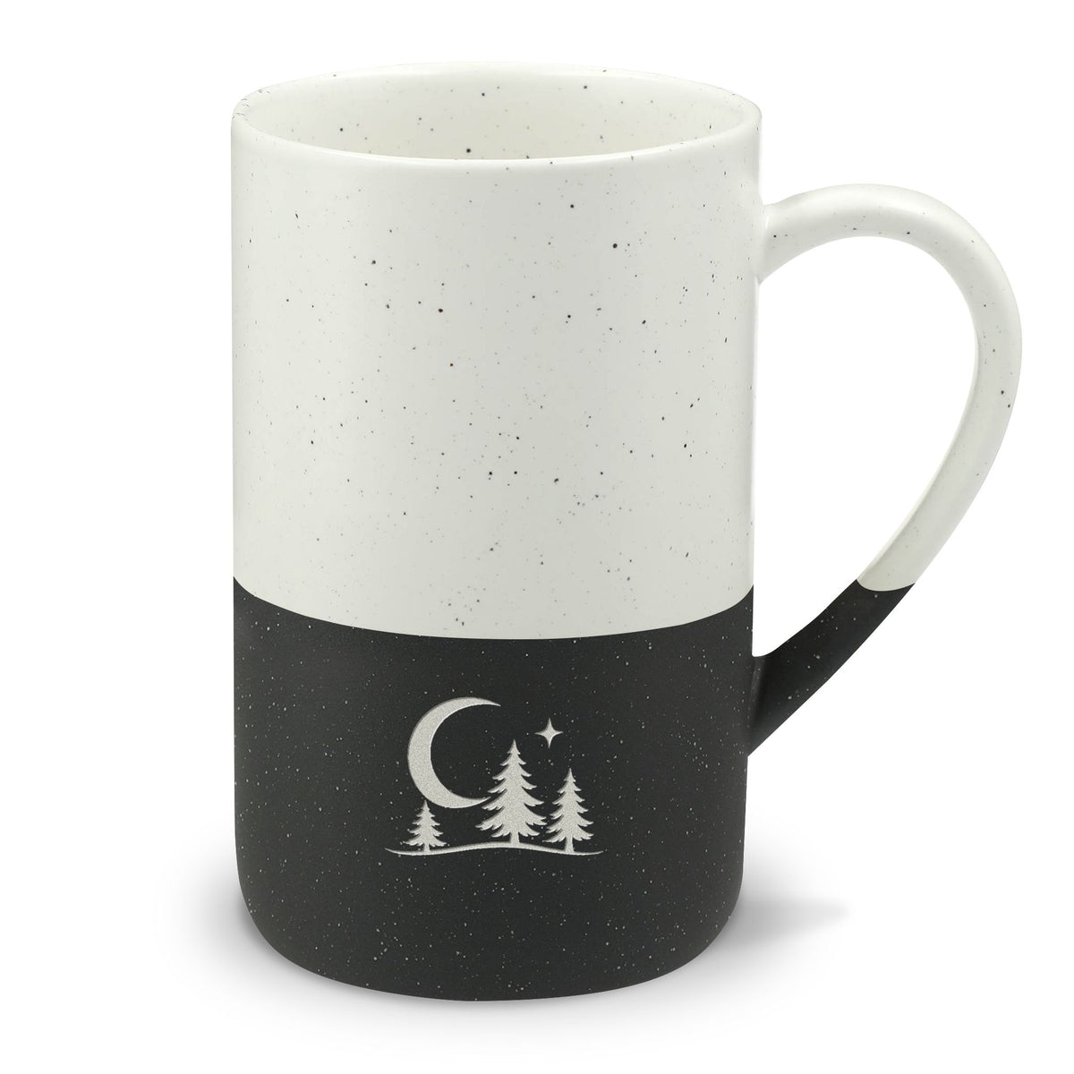 Moonlit Forest Engraved Speckled Ceramic Mug, 13oz, Minimalist Coffee Cup, Nature Inspired Gift