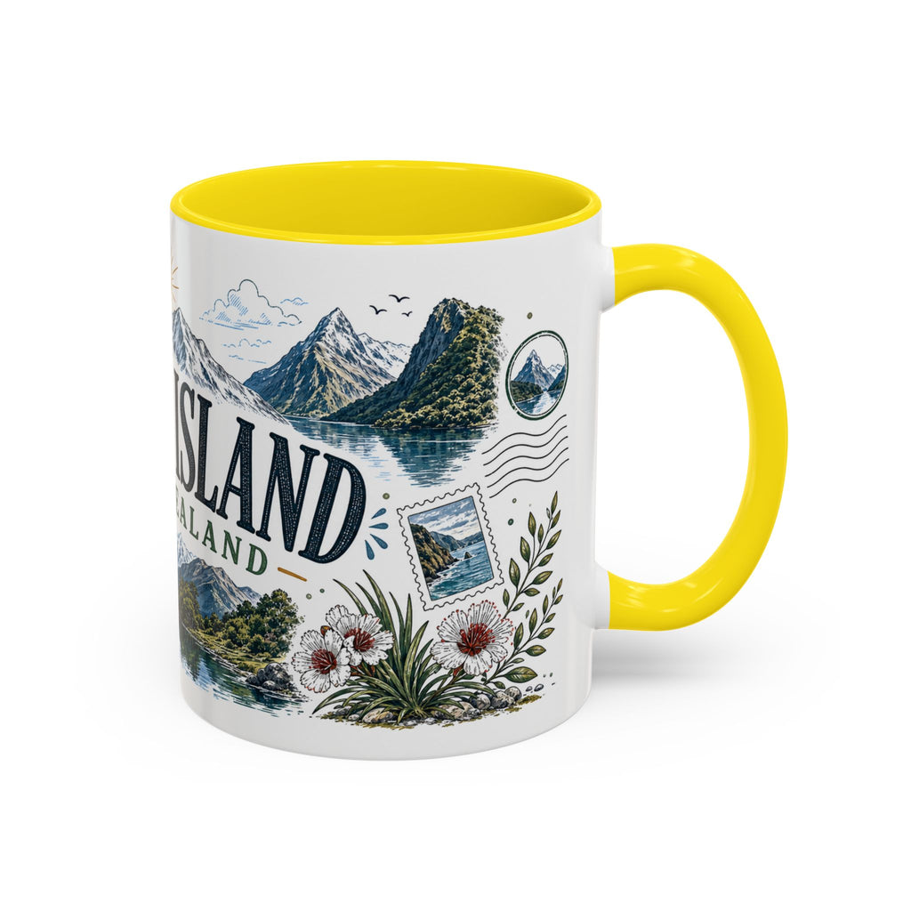New Zealand South Island Coffee Mug | Travel Destination Souvenir Gift | Accent Color Ceramic 11oz 15oz