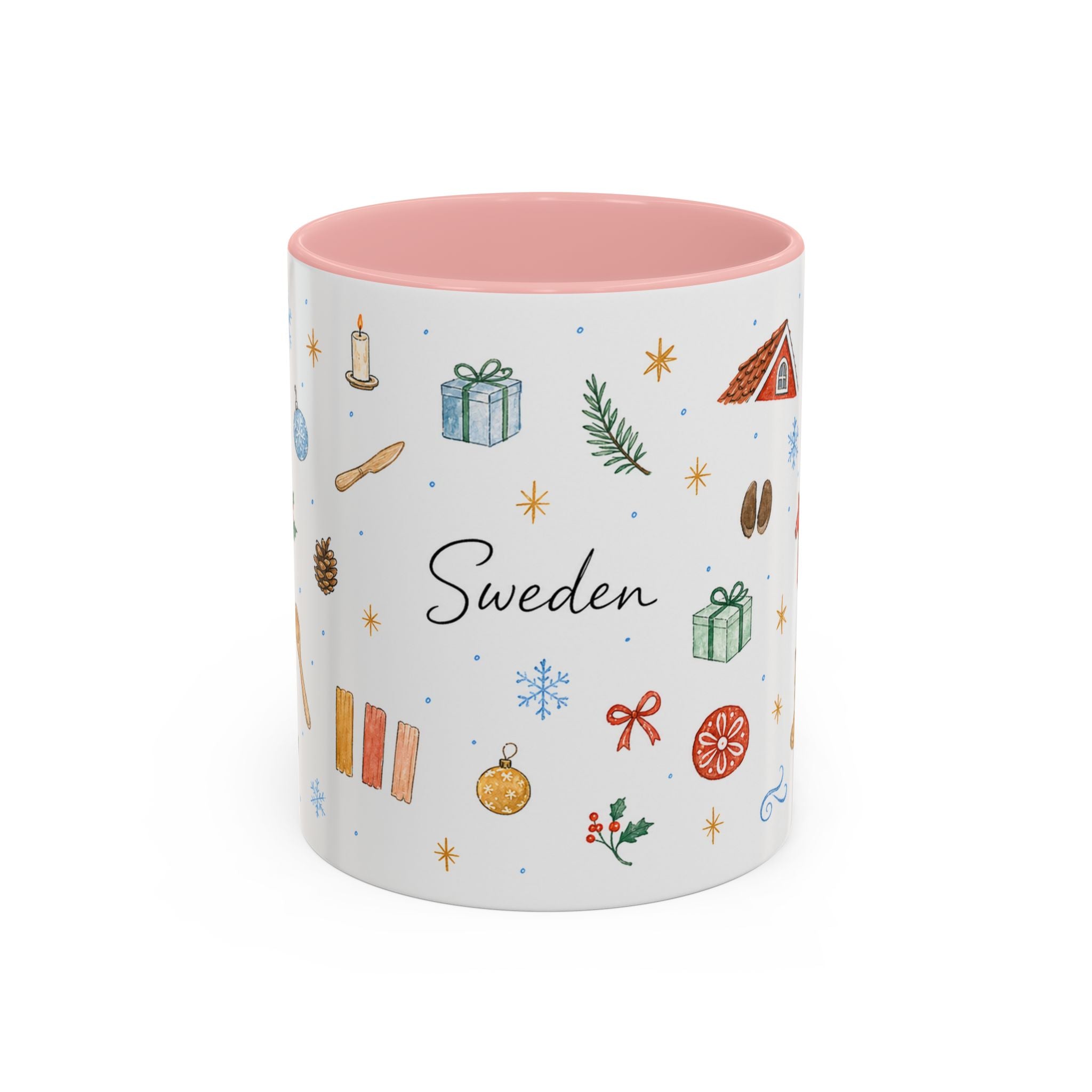 Sweden Christmas Mug | Watercolor Travel Souvenir | Holiday Gift | Accent Ceramic Coffee Cup 11oz 15oz