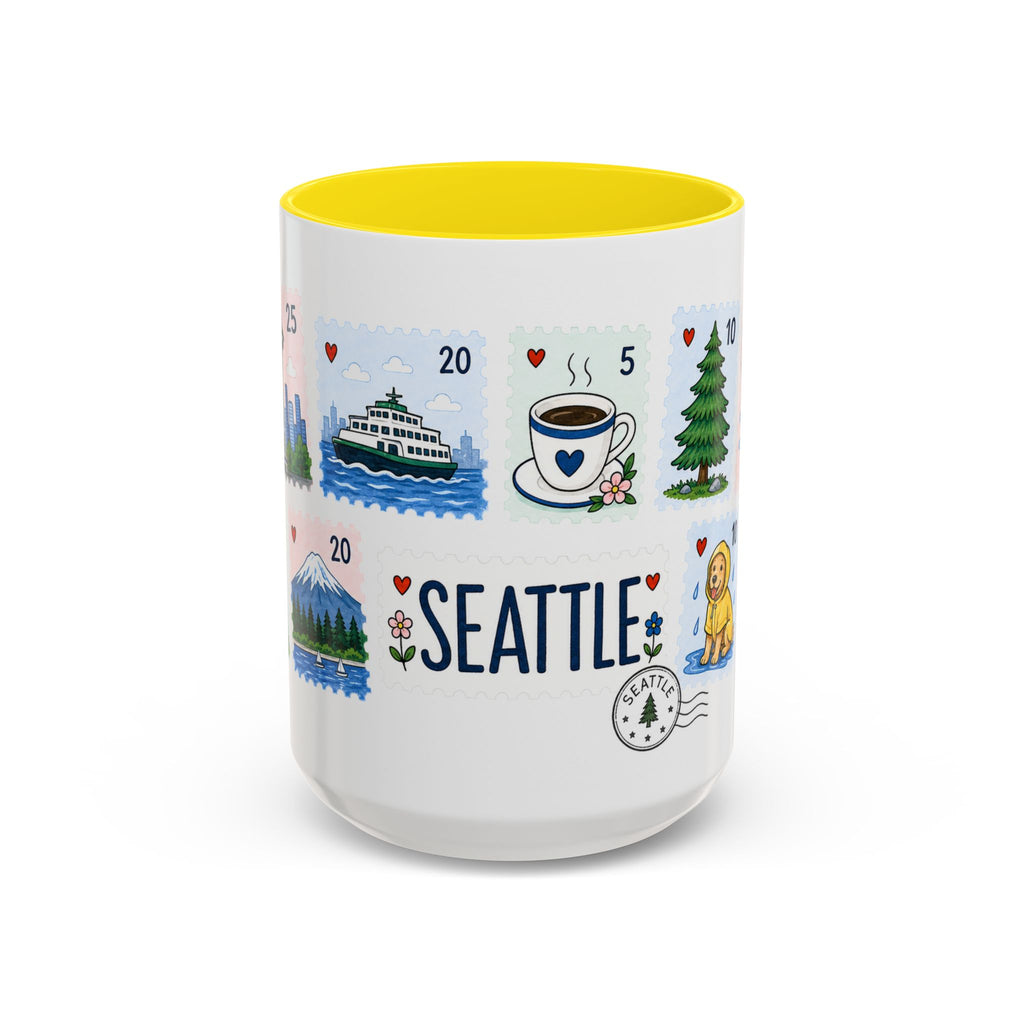 Seattle Coffee Mug | Postage Stamp Collage Mug | Travel Souvenir Accent Cup 11oz 15oz