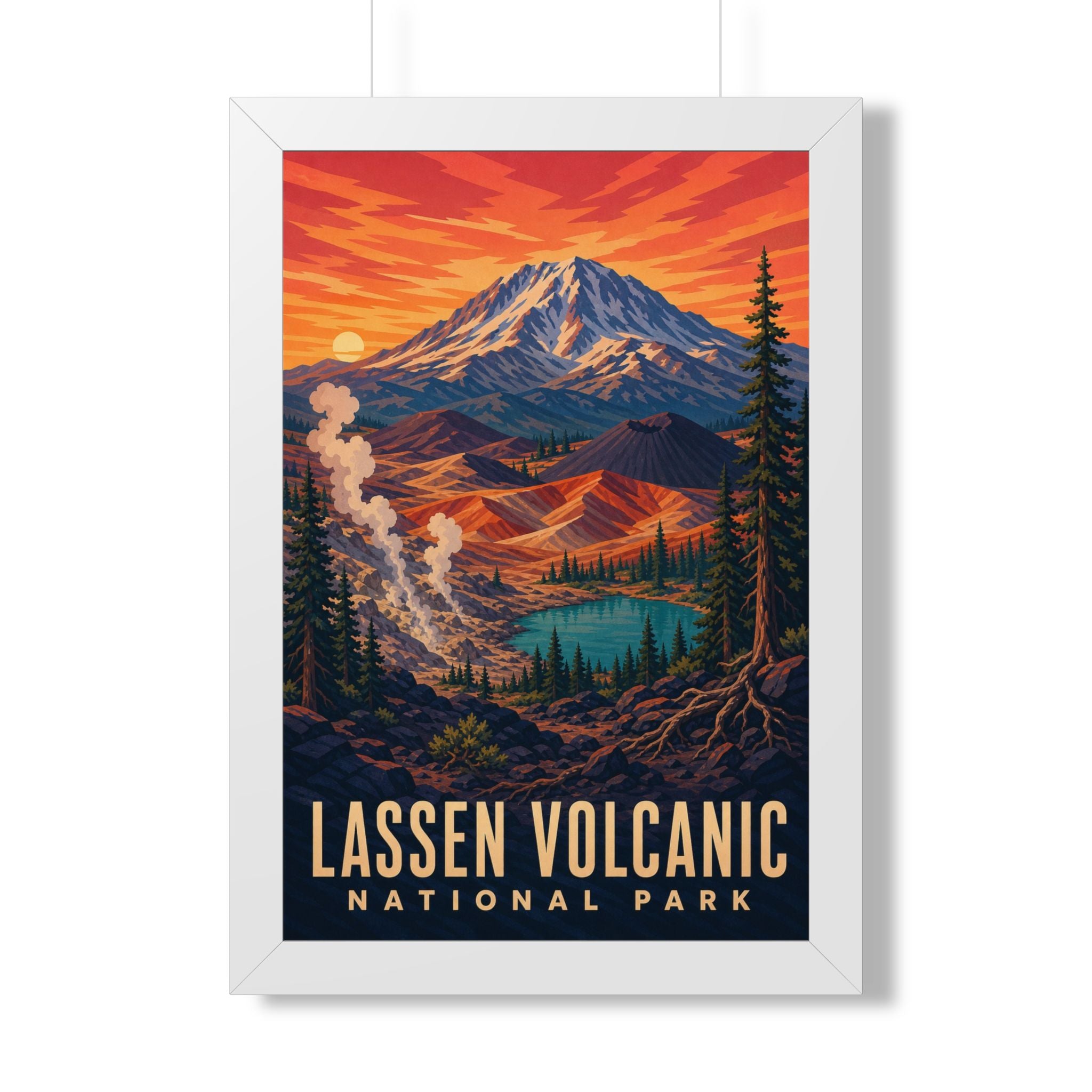 Lassen Volcanic National Park Framed Poster | Vintage Travel Wall Art | Black Walnut White Frame | 16x24 20x30